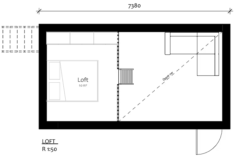 Attefallshus Suttorp, planritning av takterrass med sittgrupp och grill