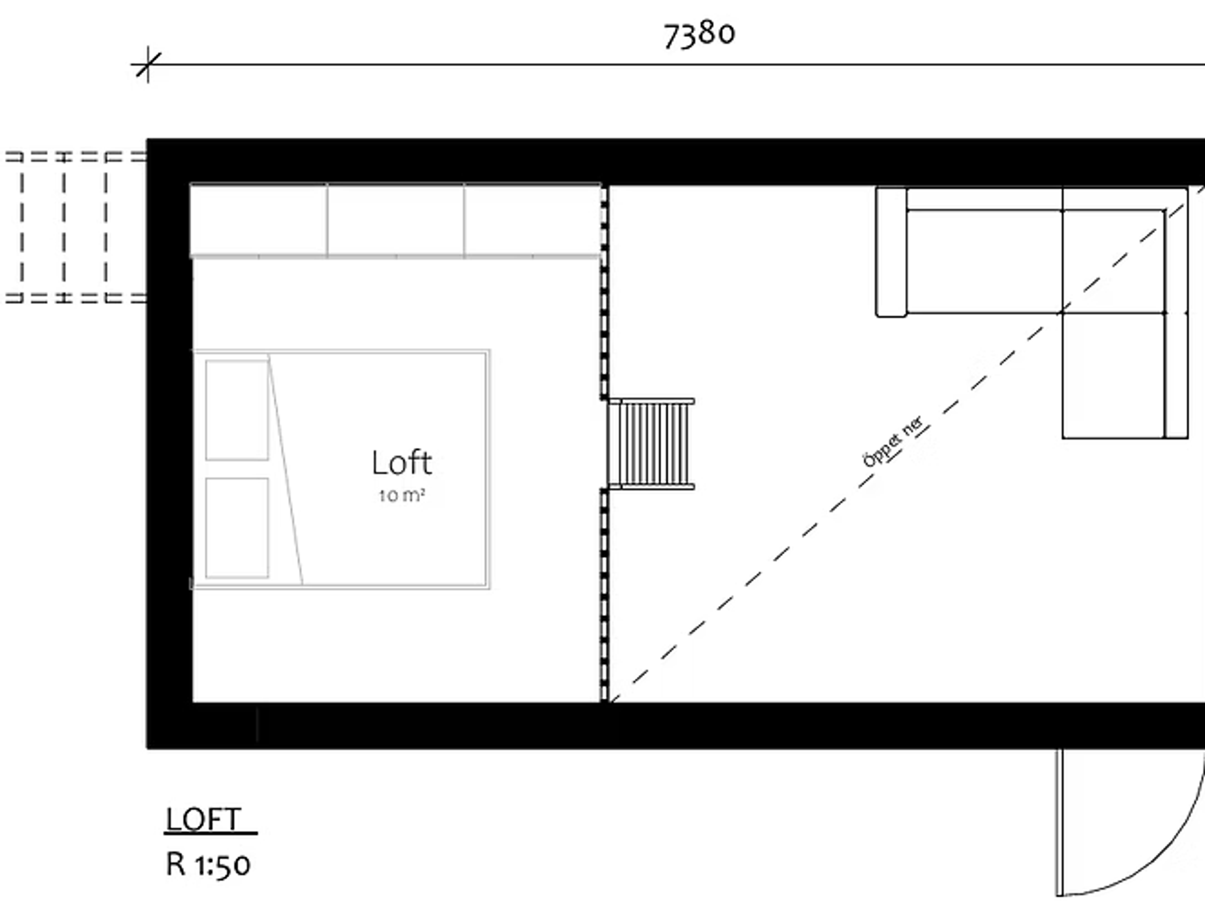 Attefallshus Suttorp, planritning av takterrass med sittgrupp och grill