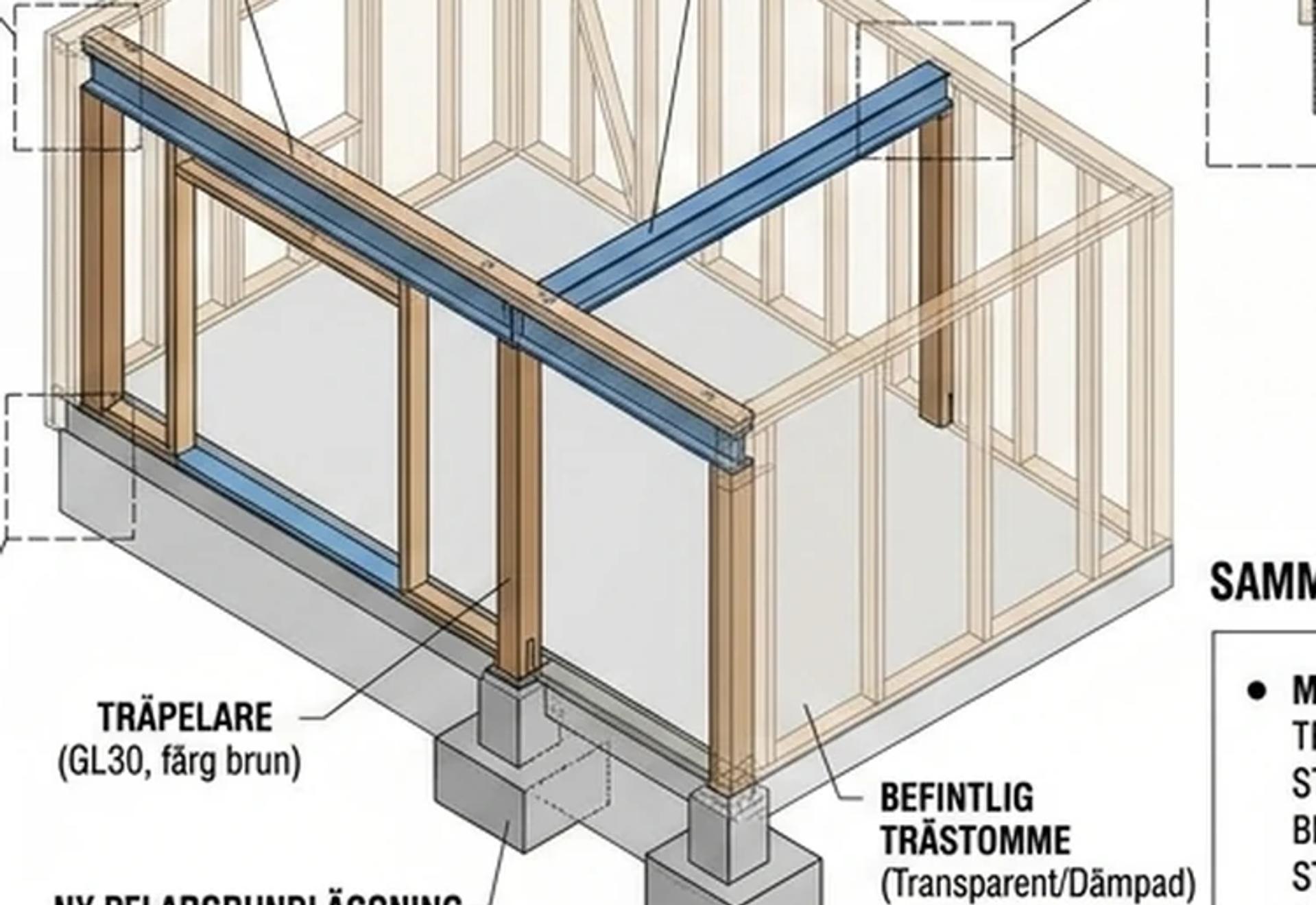 3D-vy av befintlig trästomme med ny öppning, blå avväxlingsbalkar i stål och träpelare i limträ