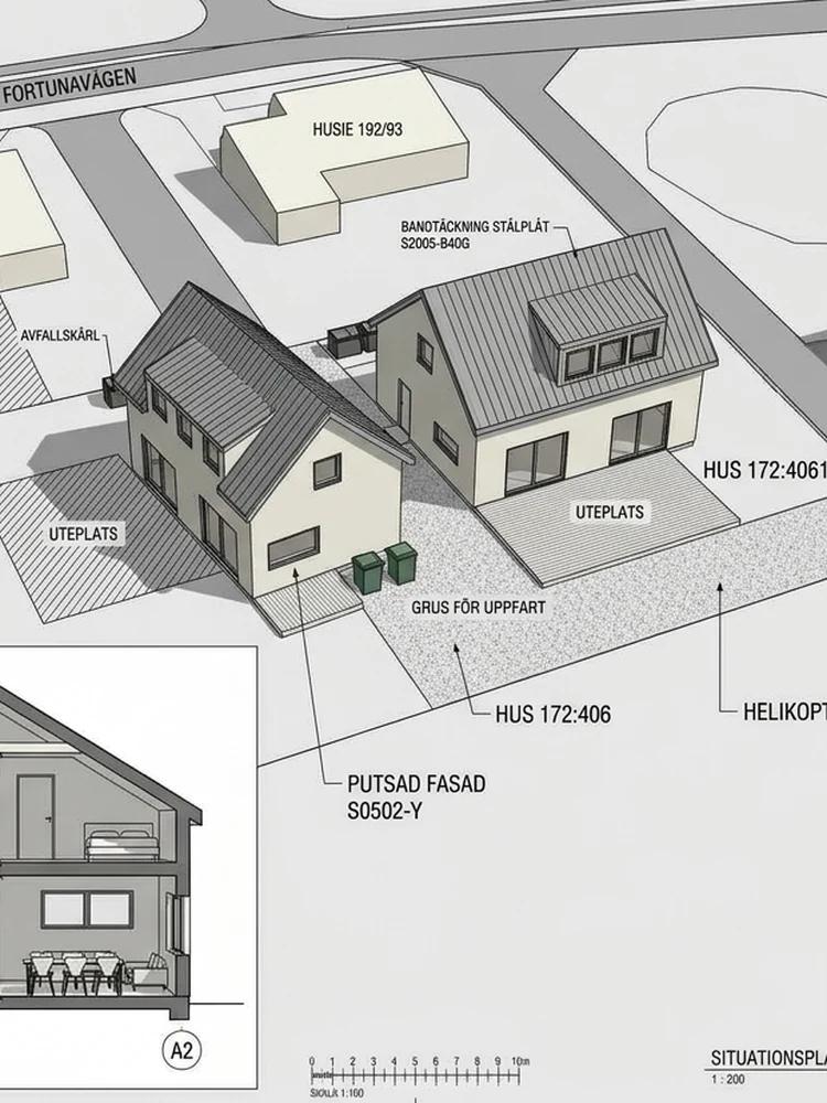 Situationsplan och visualisering av två nybyggda enbostadshus vid Fortunavägen i Husie, Malmö