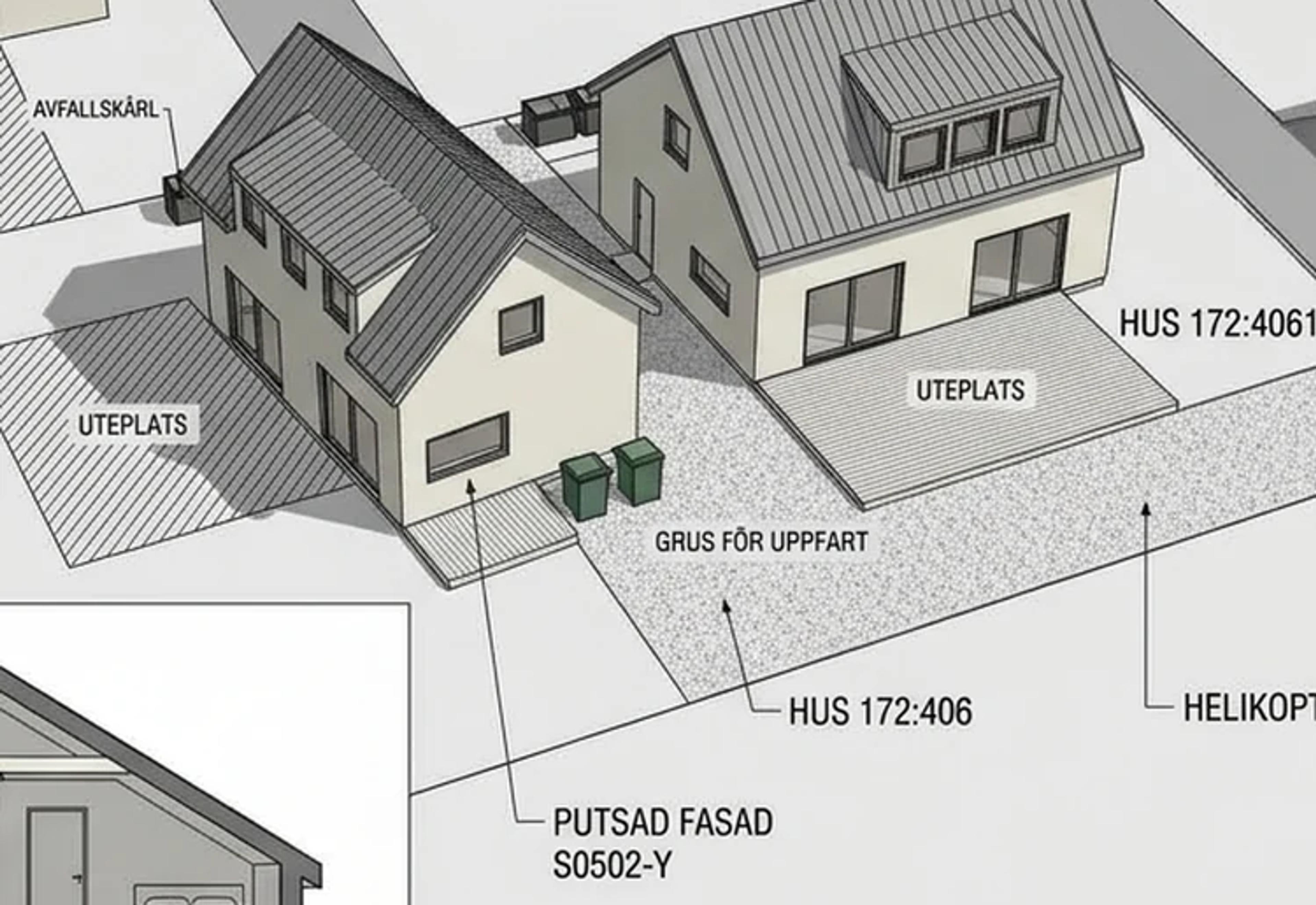Situationsplan och visualisering av två nybyggda enbostadshus vid Fortunavägen i Husie, Malmö