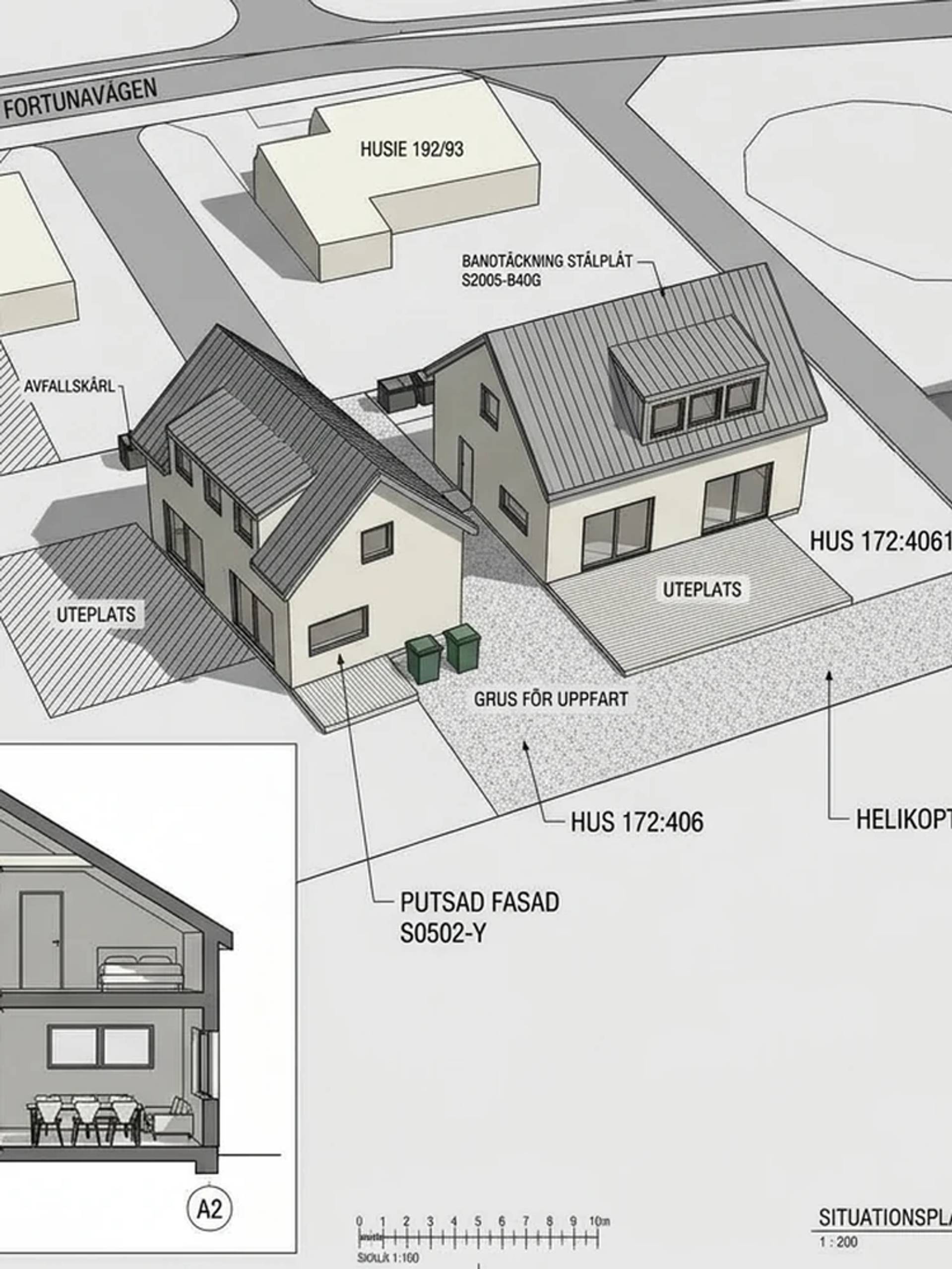 Situationsplan och visualisering av två nybyggda enbostadshus vid Fortunavägen i Husie, Malmö