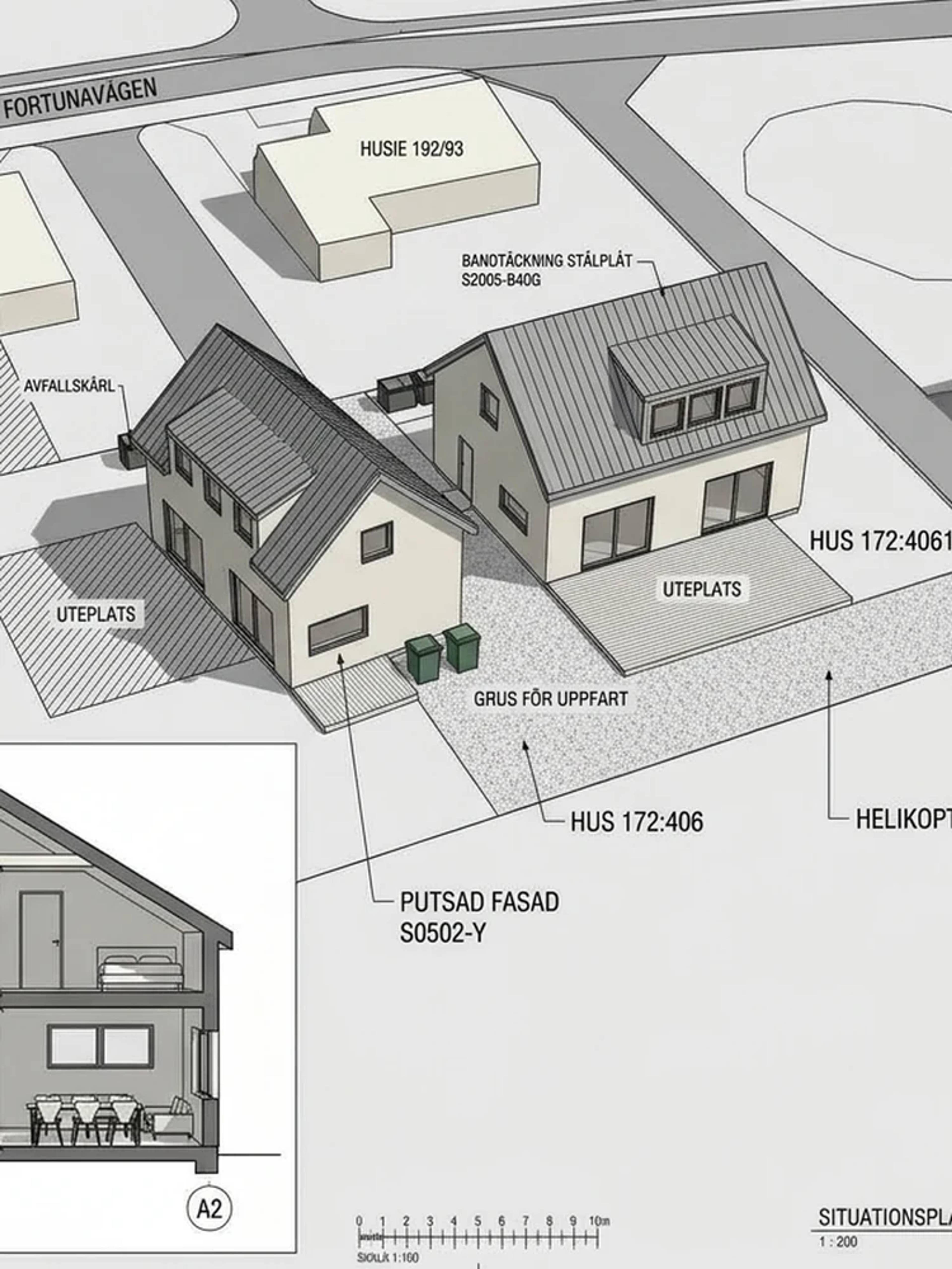 Situationsplan och visualisering av två nybyggda enbostadshus vid Fortunavägen i Husie, Malmö