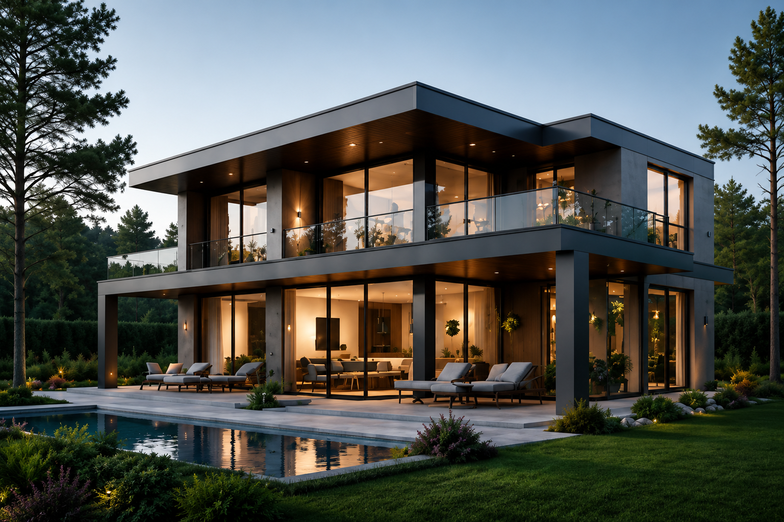 Modern villa i betong och glas omgiven av grönska i kvällsljus