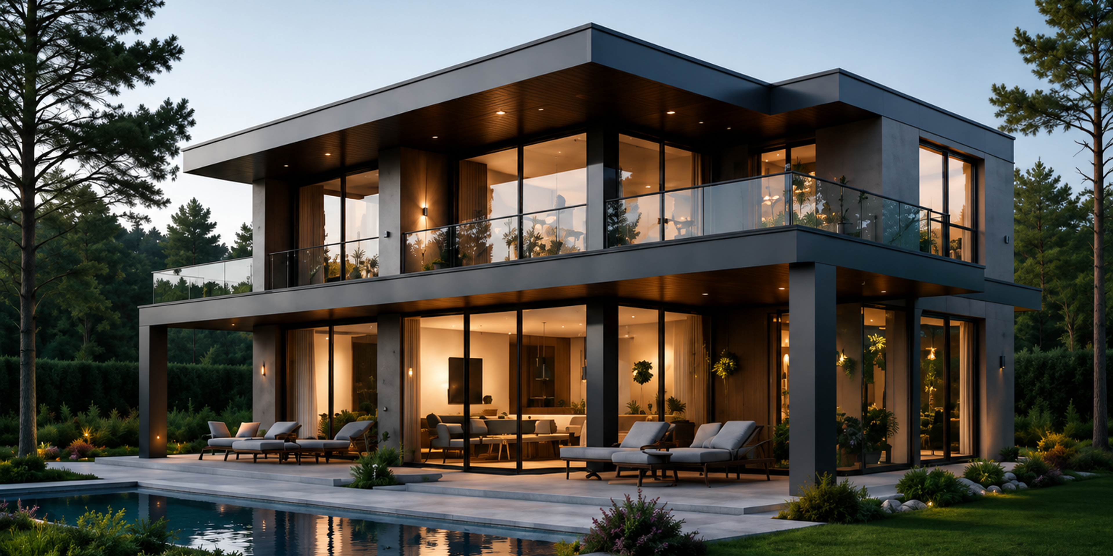 Modern villa i betong och glas omgiven av grönska i kvällsljus