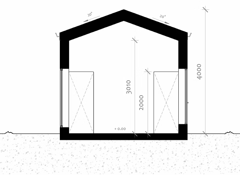 Gavelsektion för attefallshus med dörrmått 3010 och 2000 mm