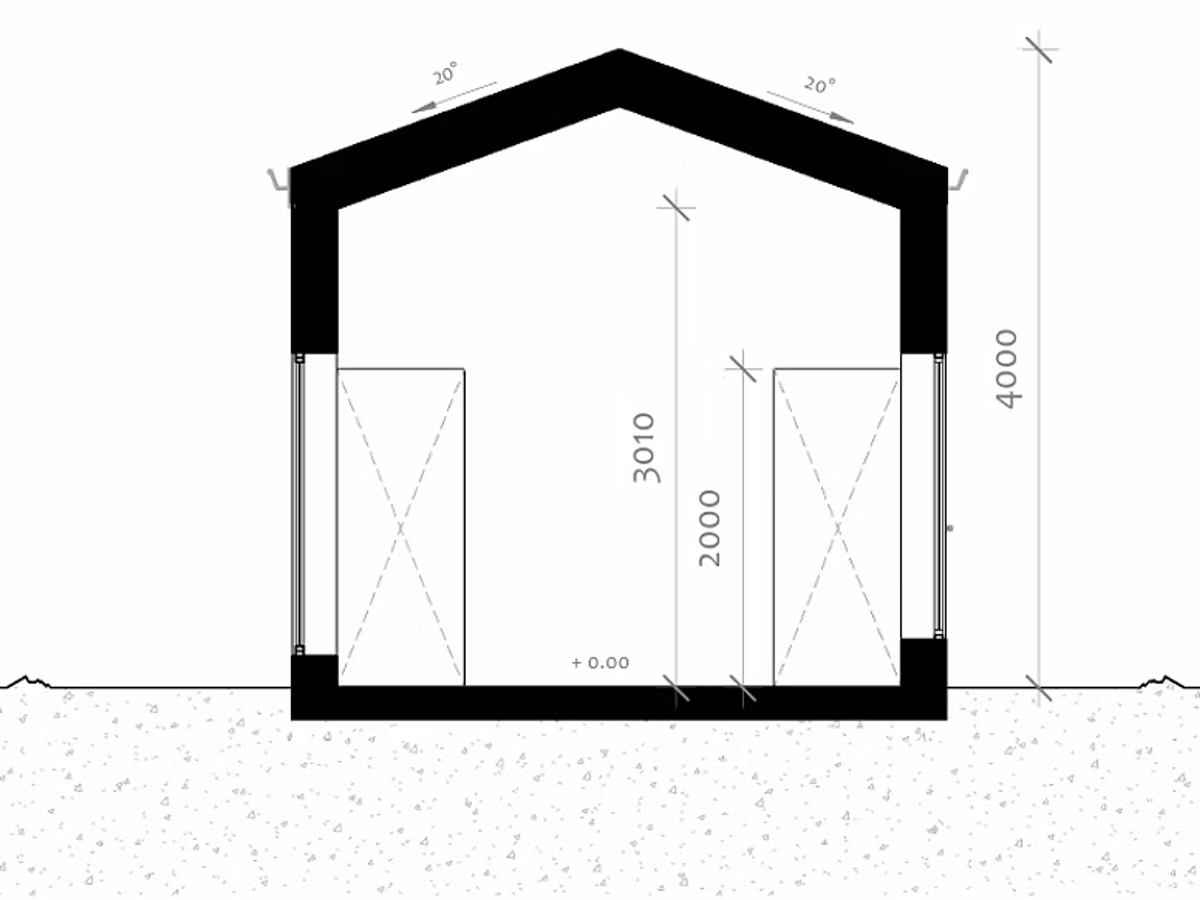 Gavelsektion för attefallshus med dörrmått 3010 och 2000 mm