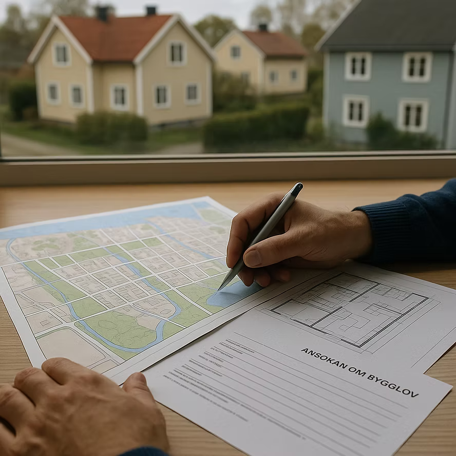 Underskrift av en bygglovsansökan bredvid en översiktskarta, med hus synliga genom fönstret