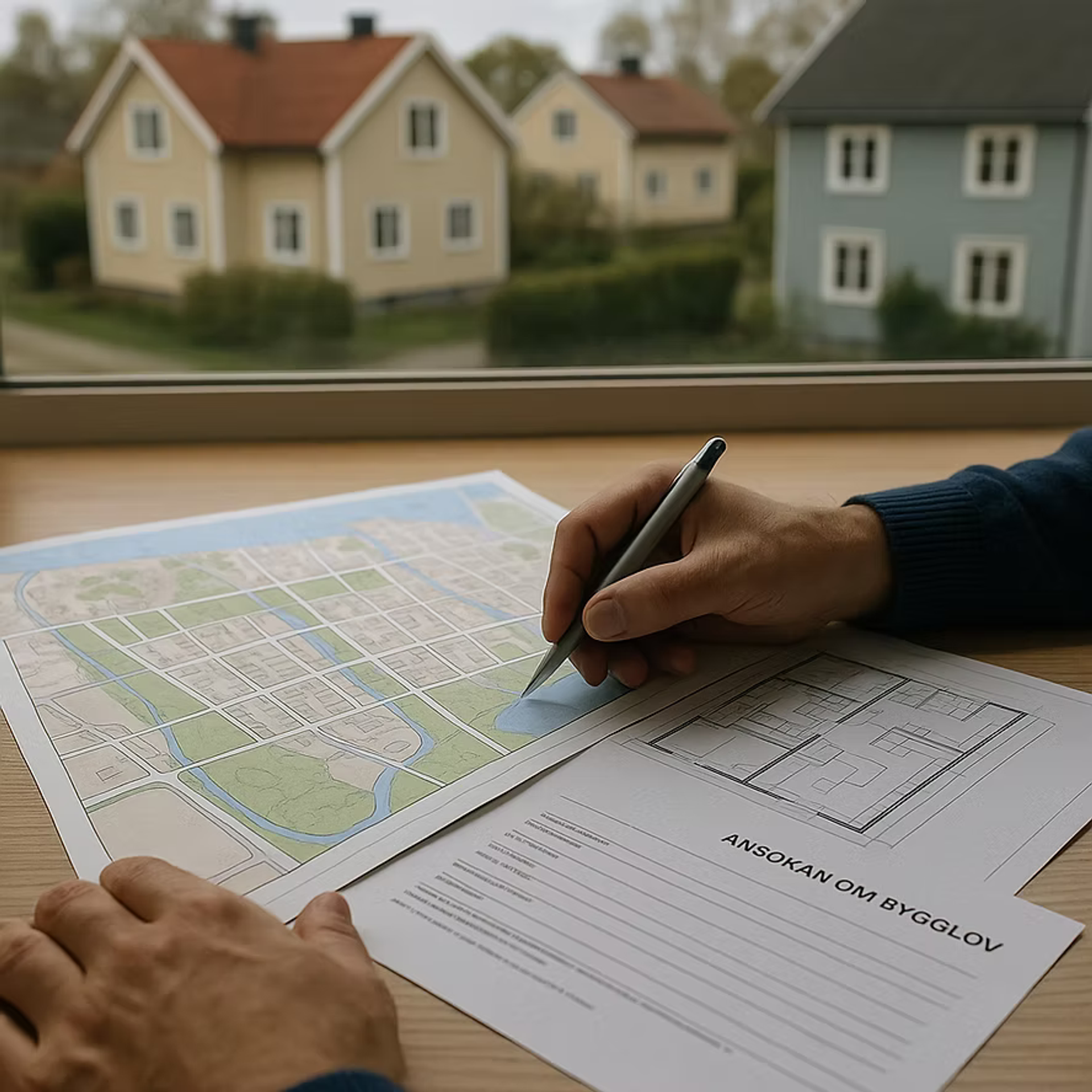 Underskrift av en bygglovsansökan bredvid en översiktskarta, med hus synliga genom fönstret