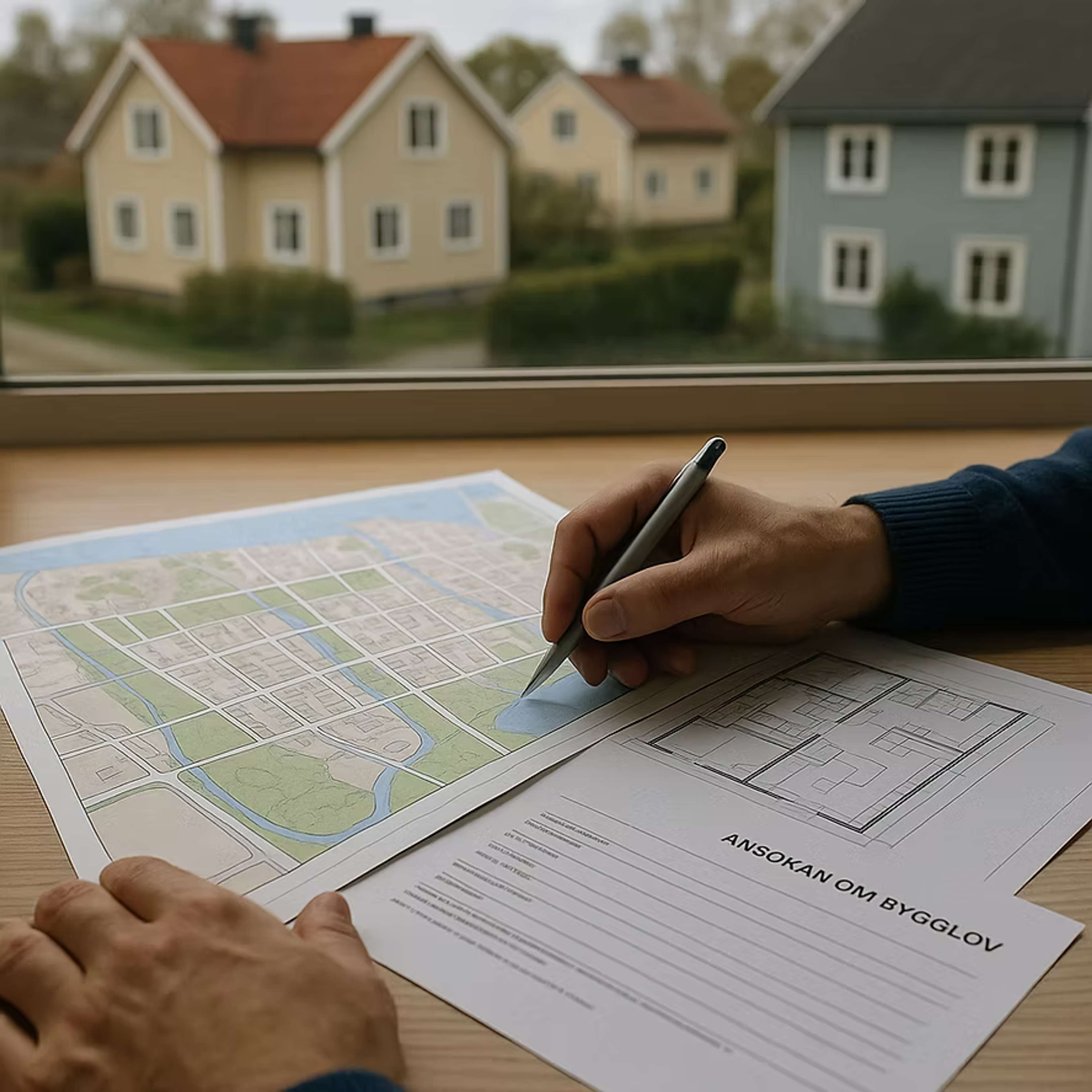Underskrift av en bygglovsansökan bredvid en översiktskarta, med hus synliga genom fönstret