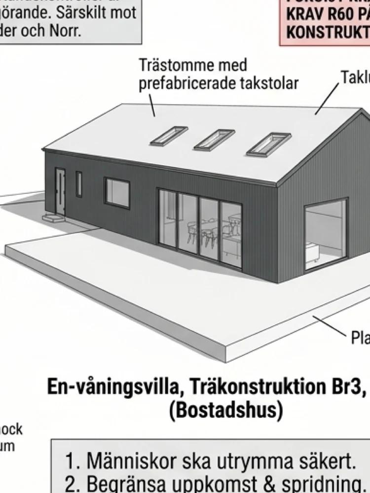 Brandklassificering Br3 för enbostadshus: illustration med prefabricerade takstolar och brandskyddsåtgärder