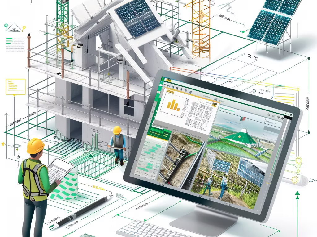 Kollage av byggarbetsplats med solpaneler och en skärm som visar energidata