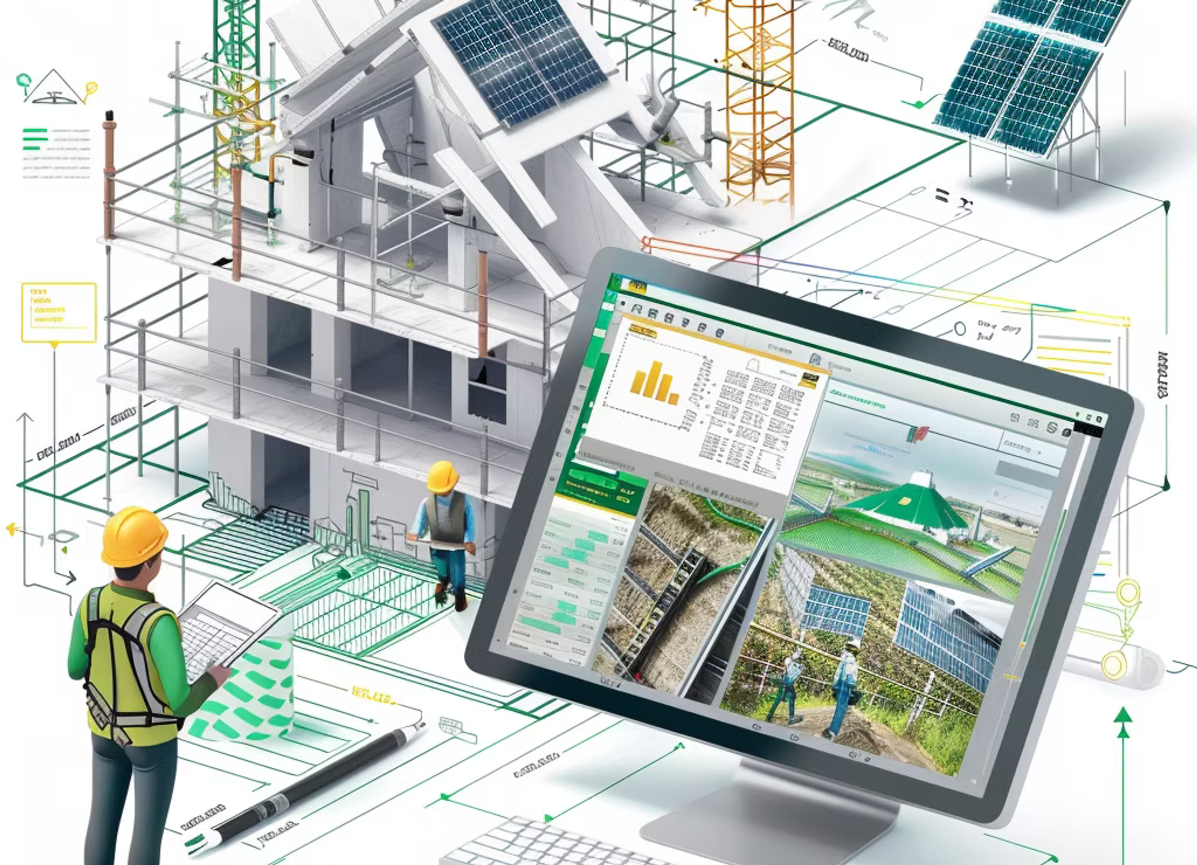 Kollage av byggarbetsplats med solpaneler och en skärm som visar energidata