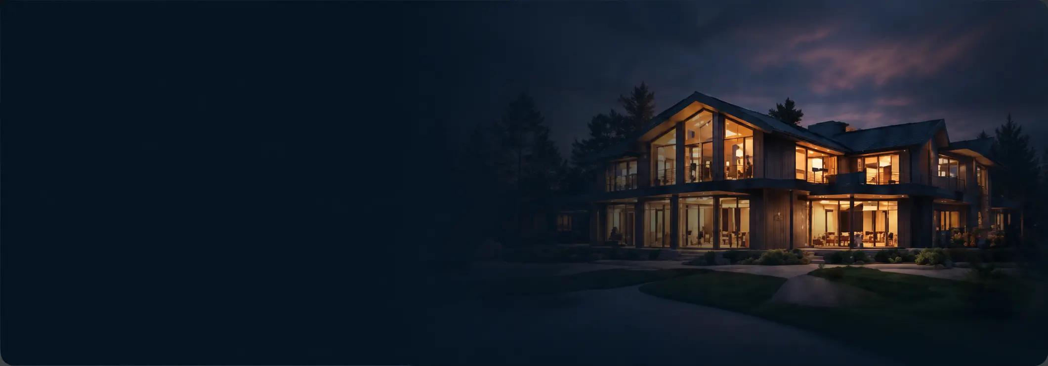 Modernt trähus fotograferat på natten med tänd belysning i alla fönster
