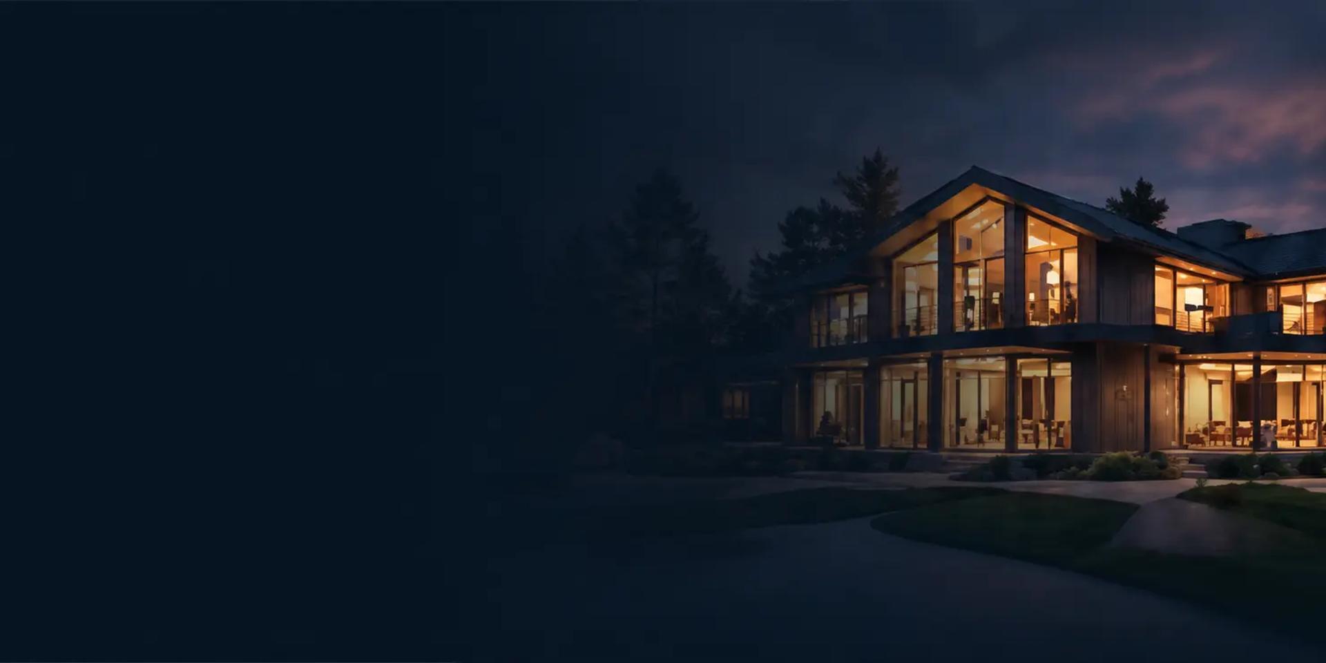 Modernt trähus fotograferat på natten med tänd belysning i alla fönster