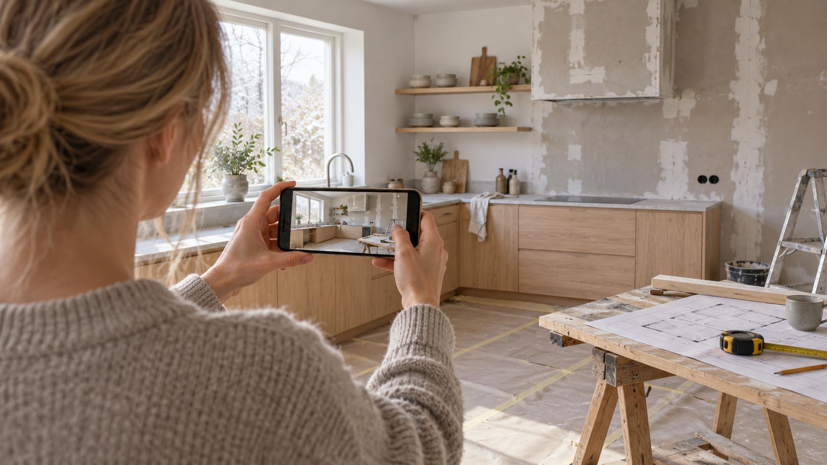 Person fotograferar ett kök under renovering med en mobiltelefon.