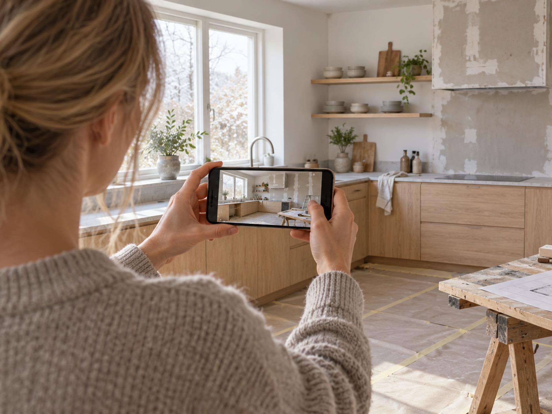 Person fotograferar ett kök under renovering med en mobiltelefon.