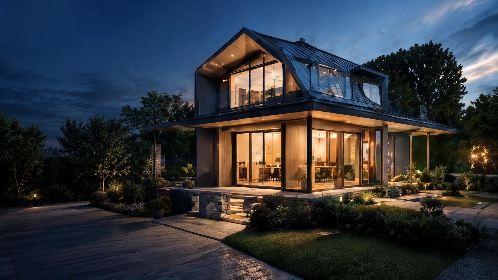 Modern villa fotograferad utifrån i skymning