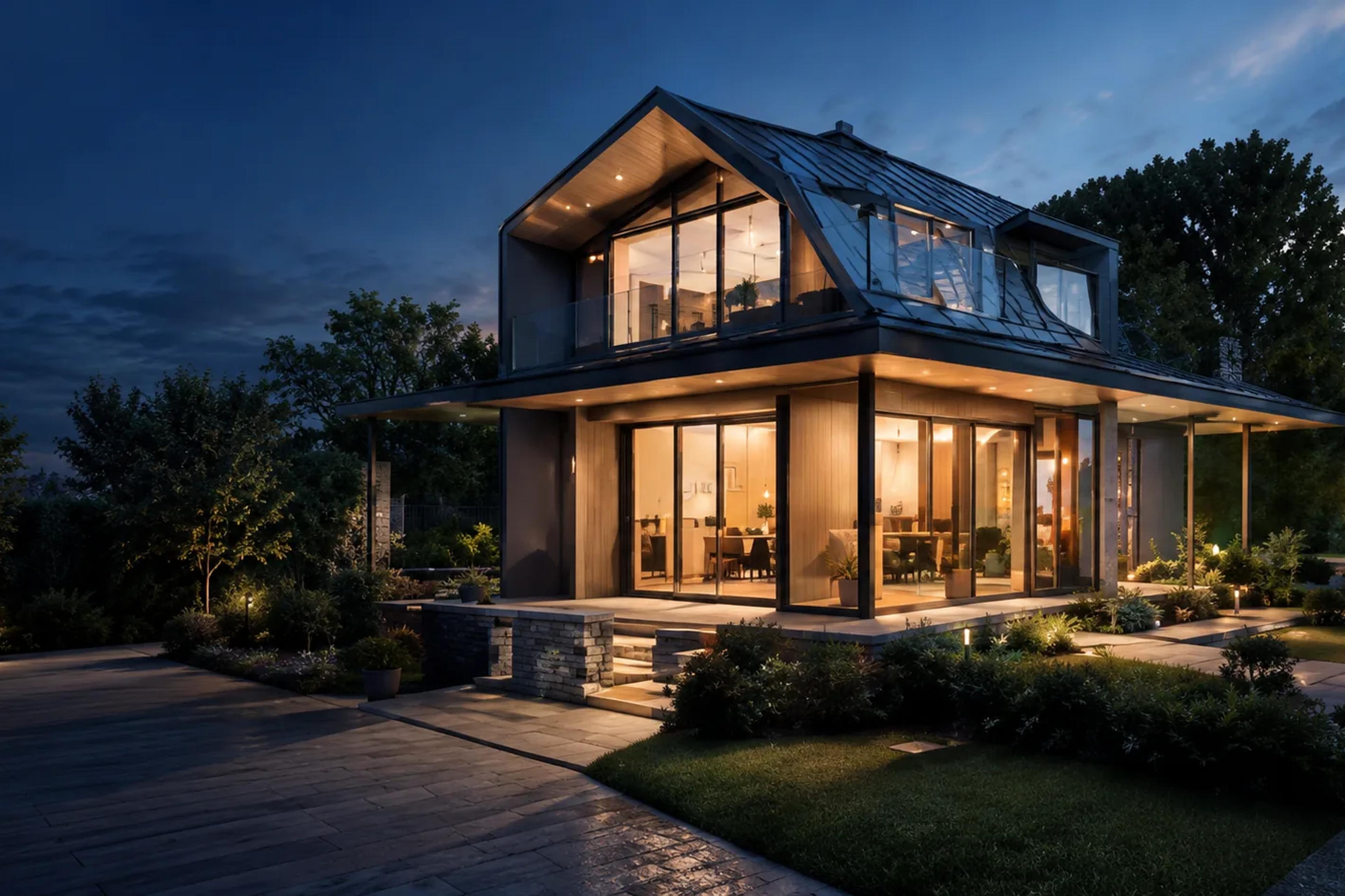 Modern villa fotograferad utifrån i skymning