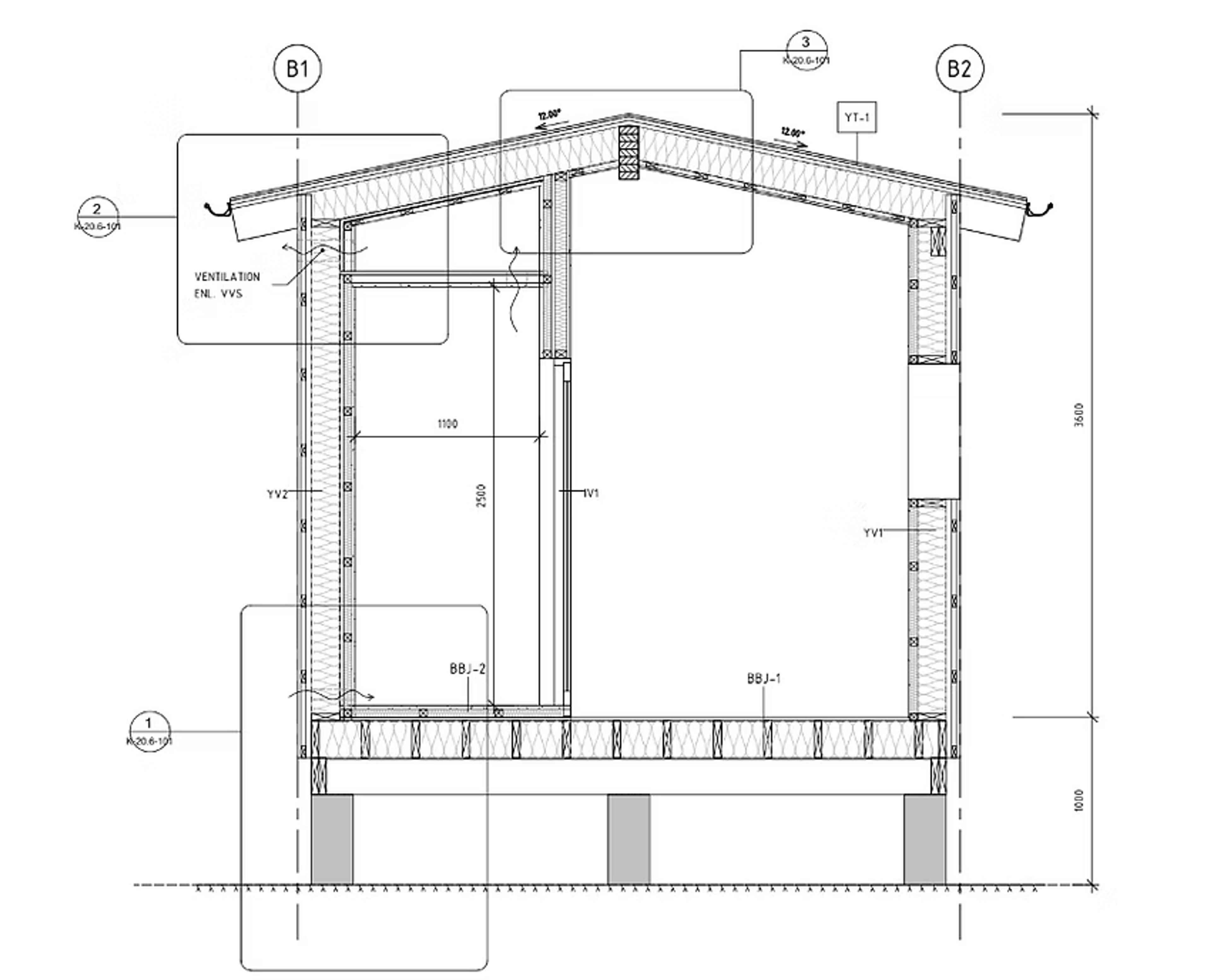 Sektionsritning av en byggnad med ventilationsdetaljer och måttsättning