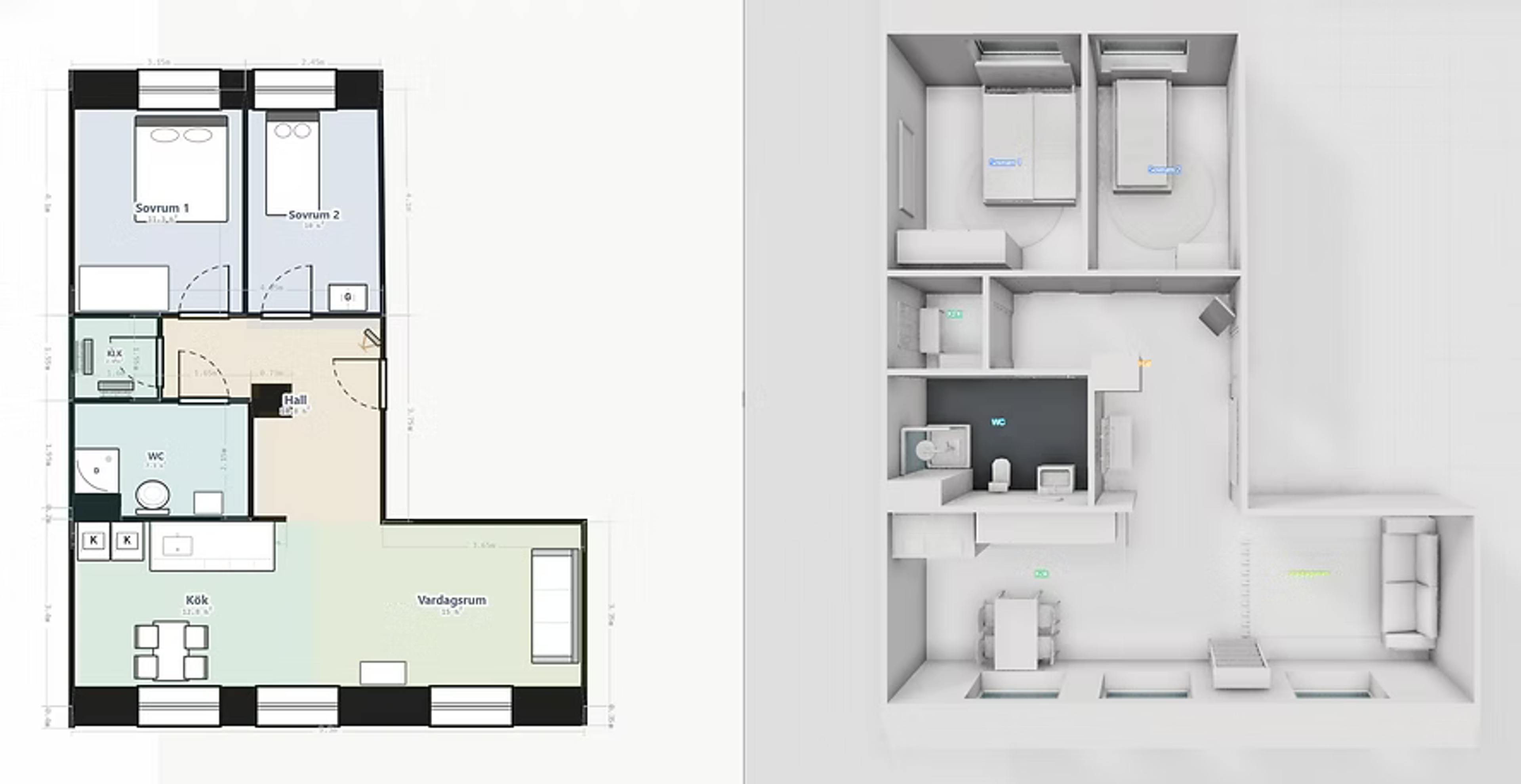 Planritning och motsvarande 3D-modell visade sida vid sida