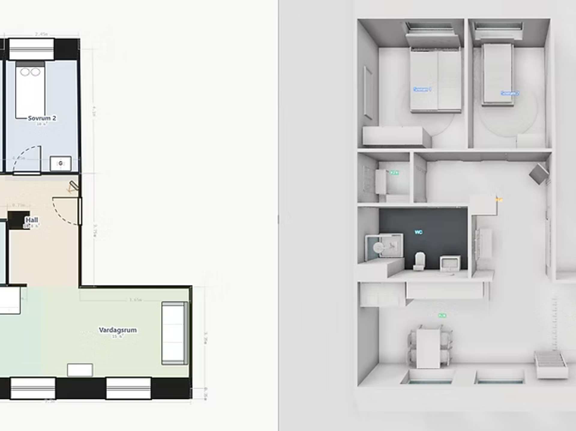 Planritning och motsvarande 3D-modell visade sida vid sida