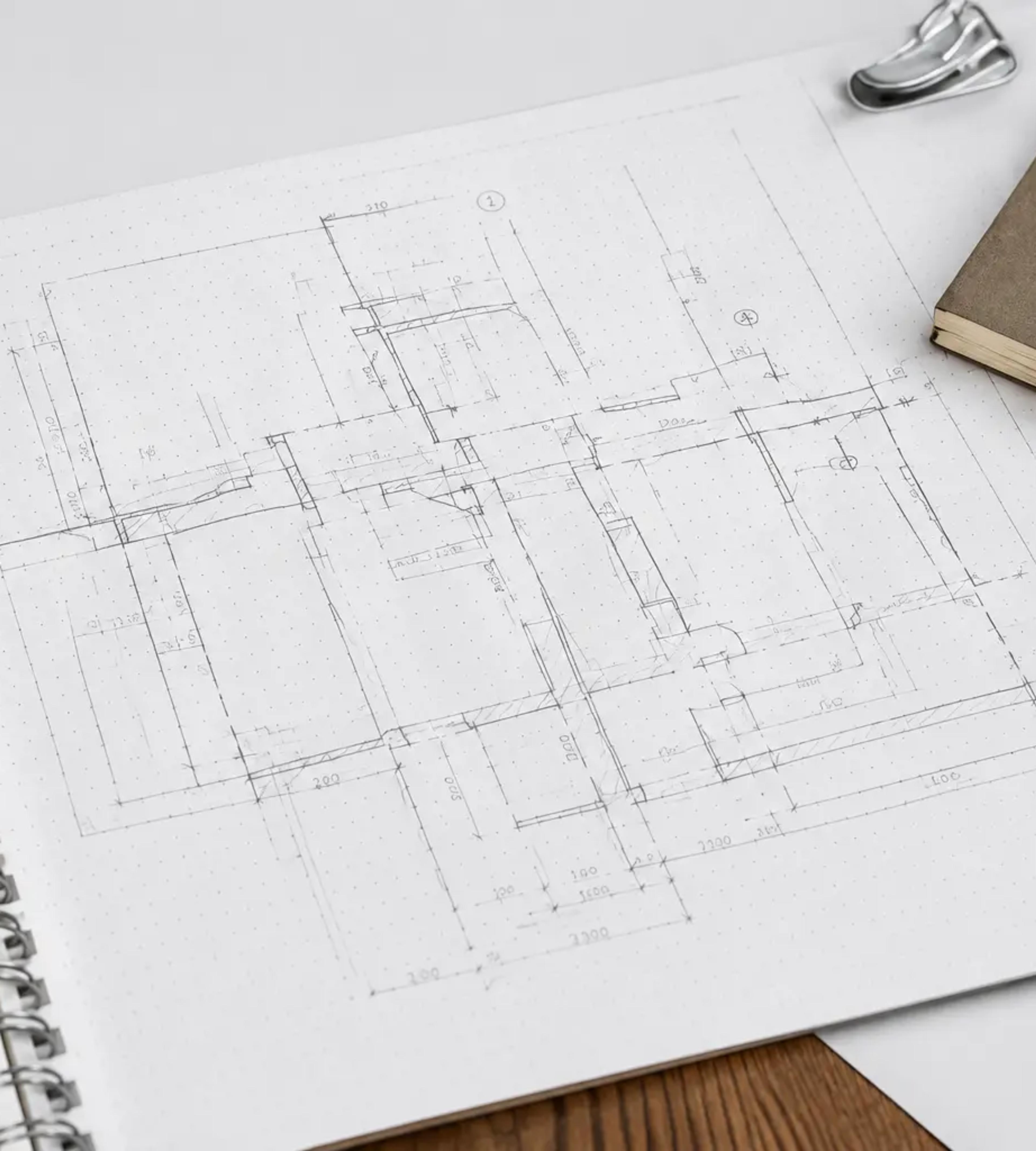 Ritblock med handritad planritning, penna och anteckningsbok