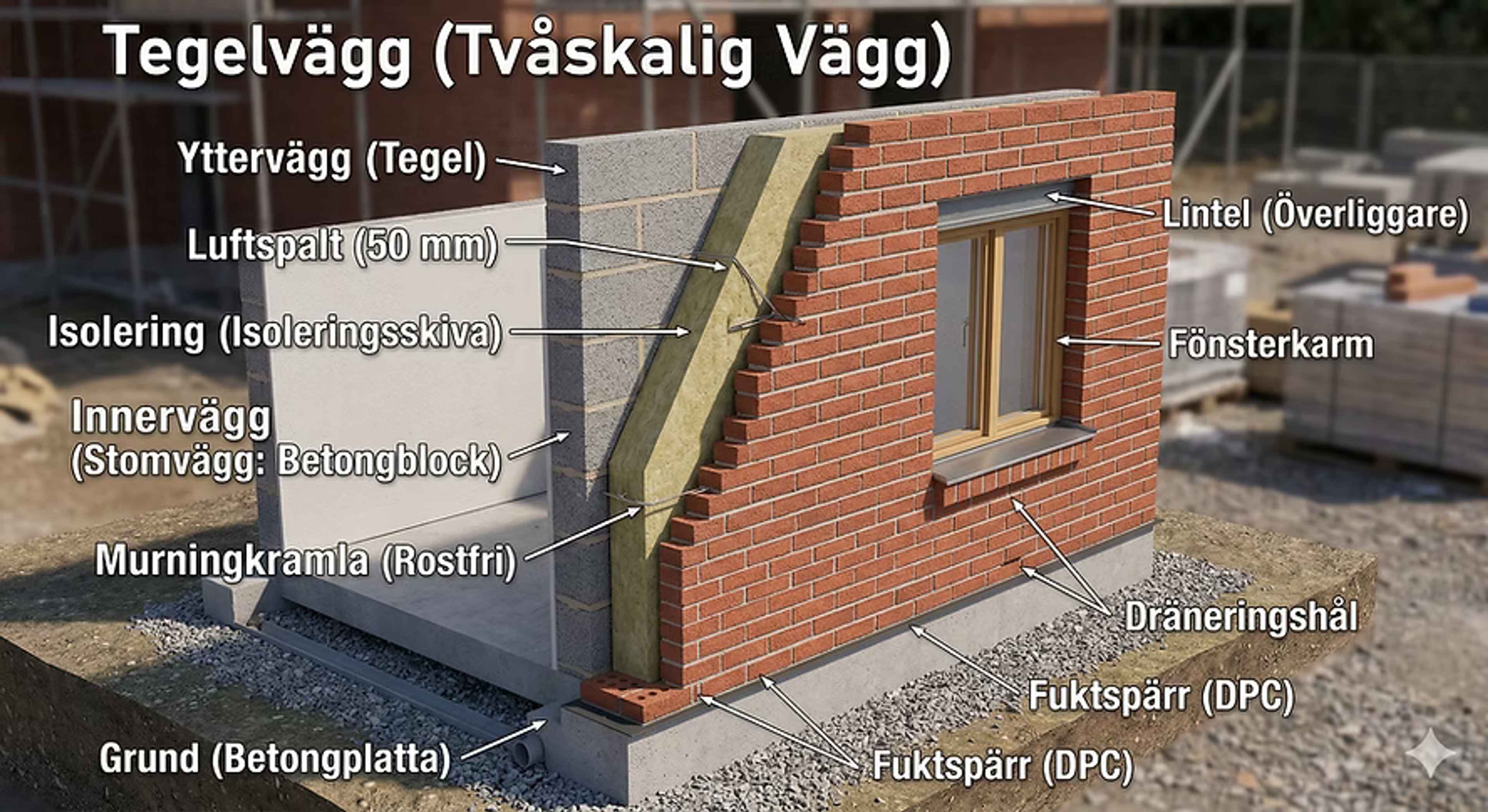 Genomskuren tegelvägg (tvåskalig vägg) med isolering, luftspalt och fuktspärr, med benämnda lager