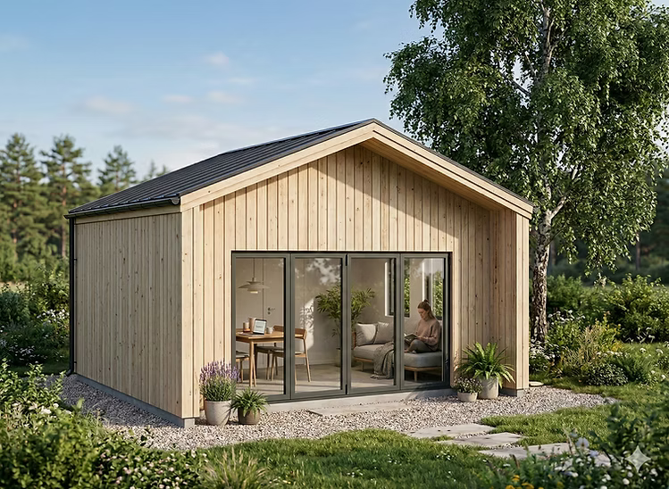 Attefallshus Gläntö, 3D-exteriörvy med altandörr, sett i skymning