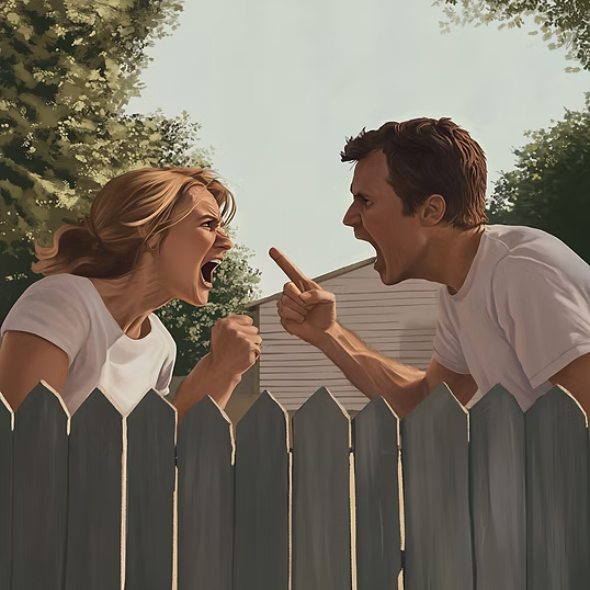 Illustration av en man och en kvinna som skriker åt varandra över ett staket