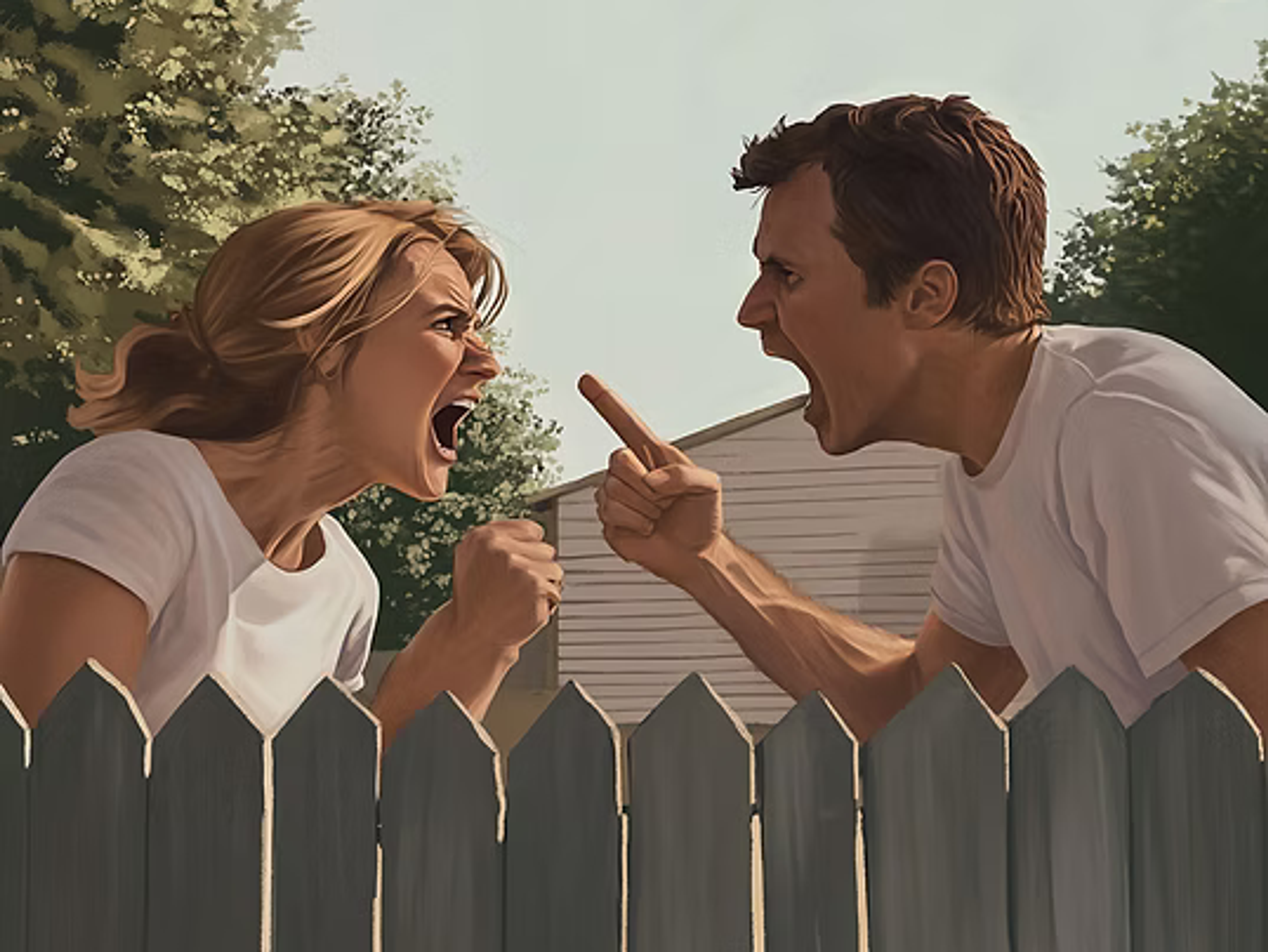 Illustration av en man och en kvinna som skriker åt varandra över ett staket