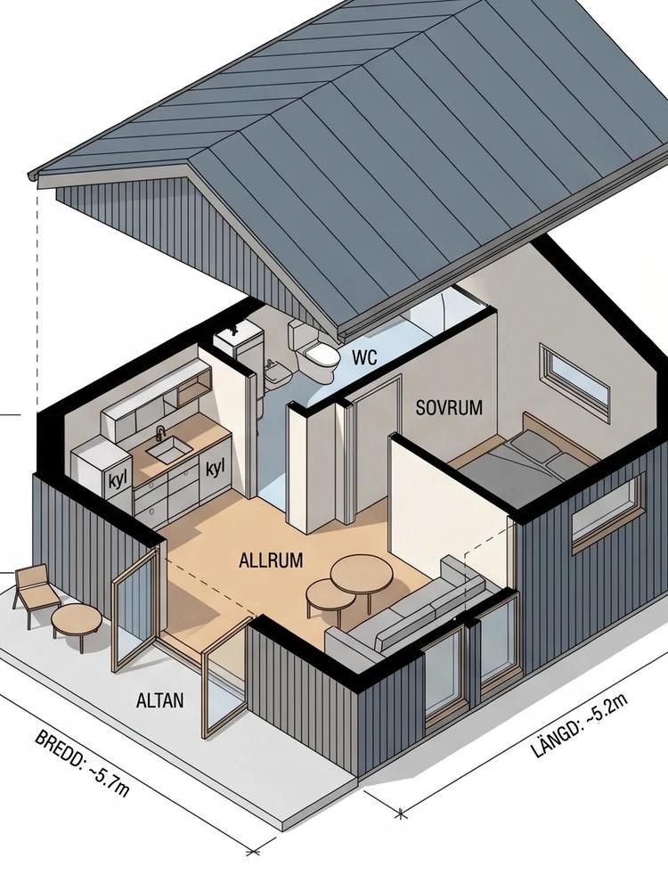 Genomskuren 3D-vy av attefallshuset "Blåntrö" med allrum, kök, sovrum, wc och altan
