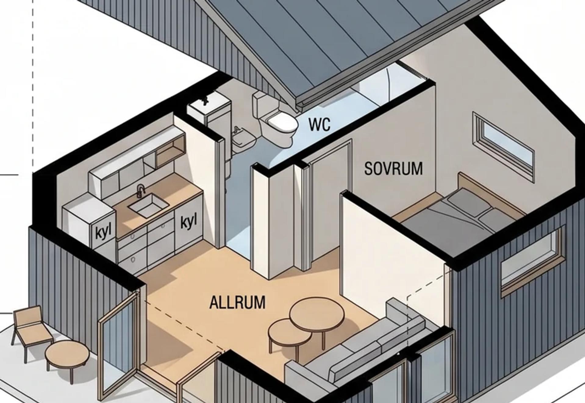 Genomskuren 3D-vy av attefallshuset "Blåntrö" med allrum, kök, sovrum, wc och altan