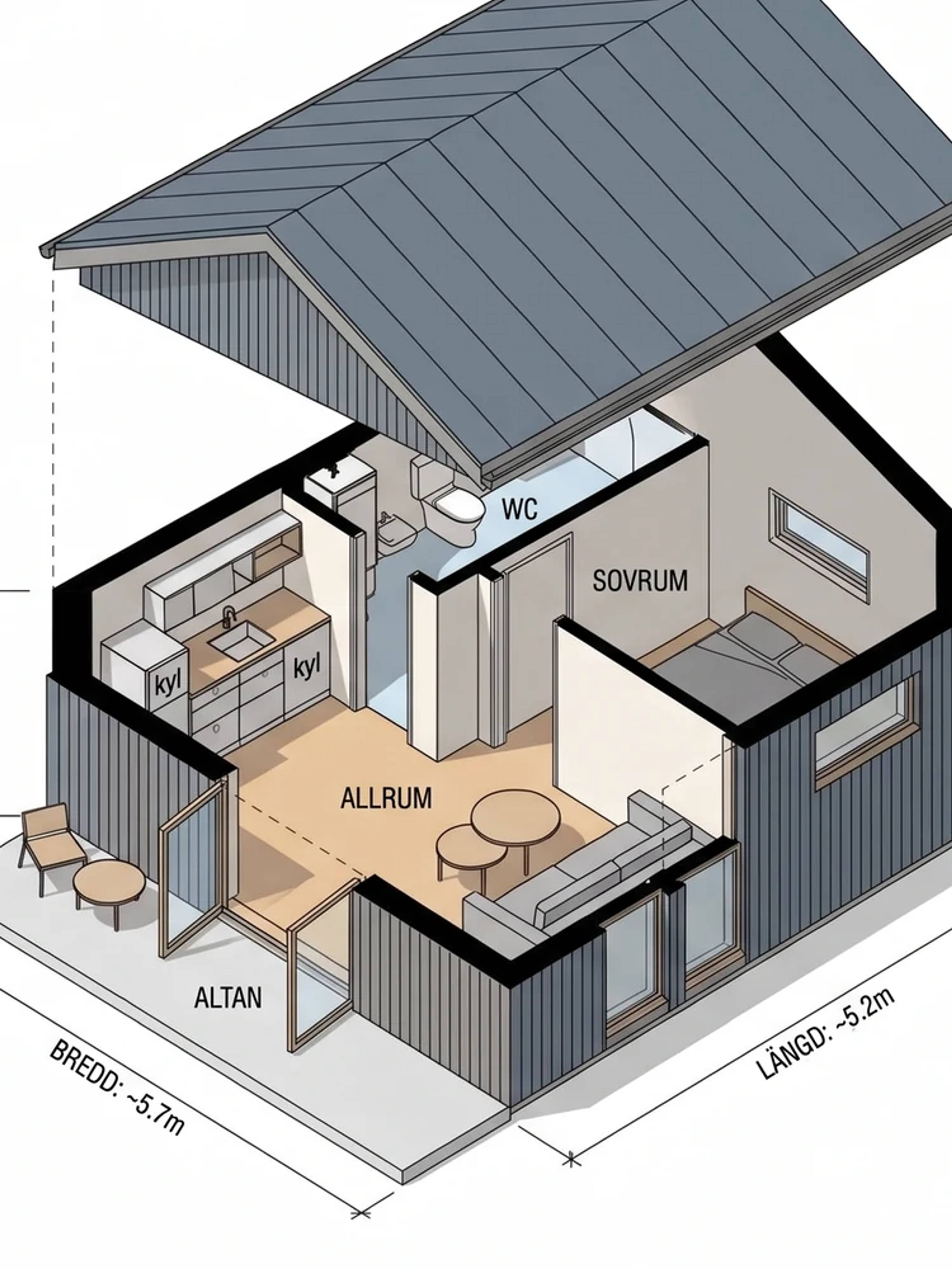 Genomskuren 3D-vy av attefallshuset "Blåntrö" med allrum, kök, sovrum, wc och altan
