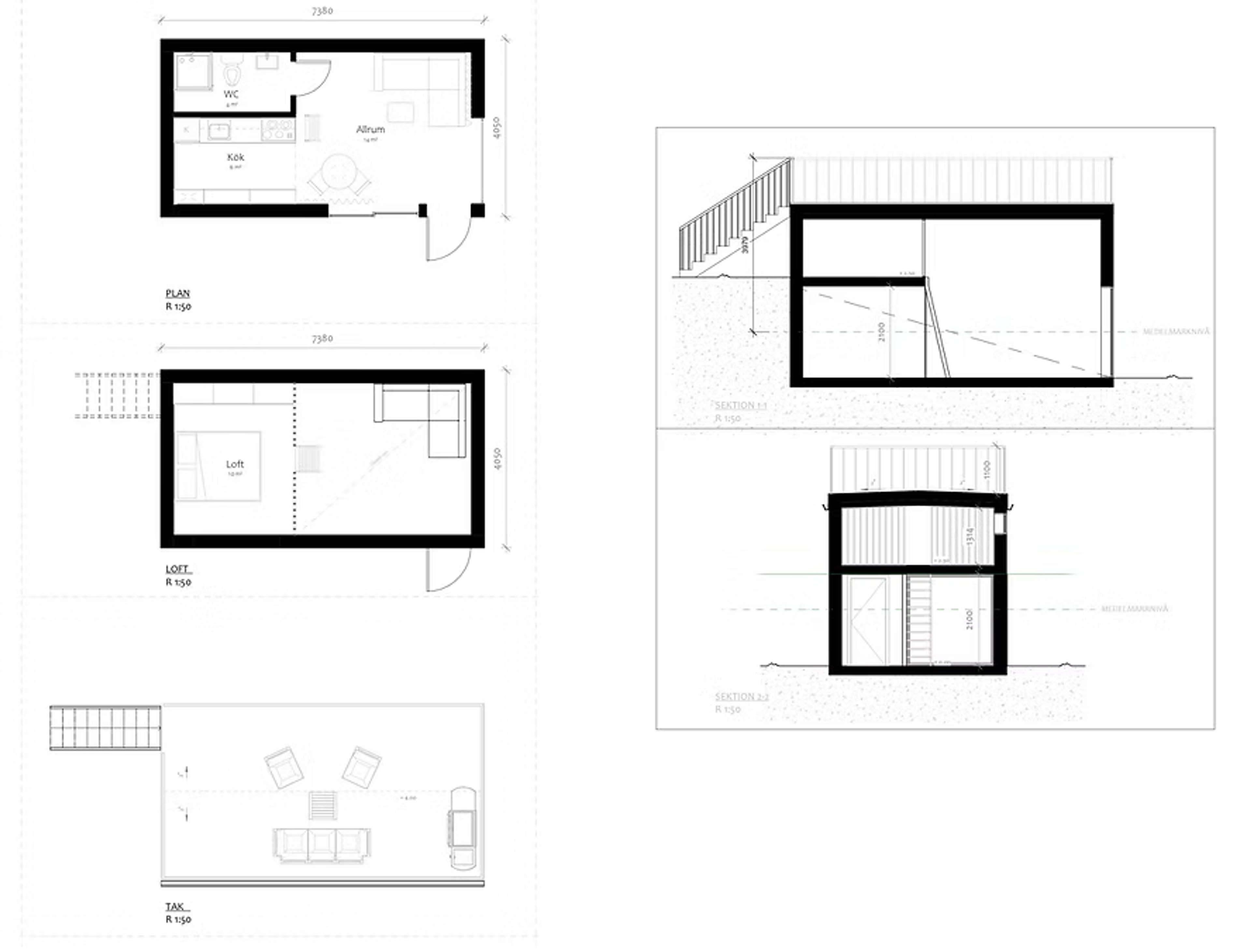 Planritningar (bottenvåning, loft, situationsplan) och sektionsritningar för ett attefallshus