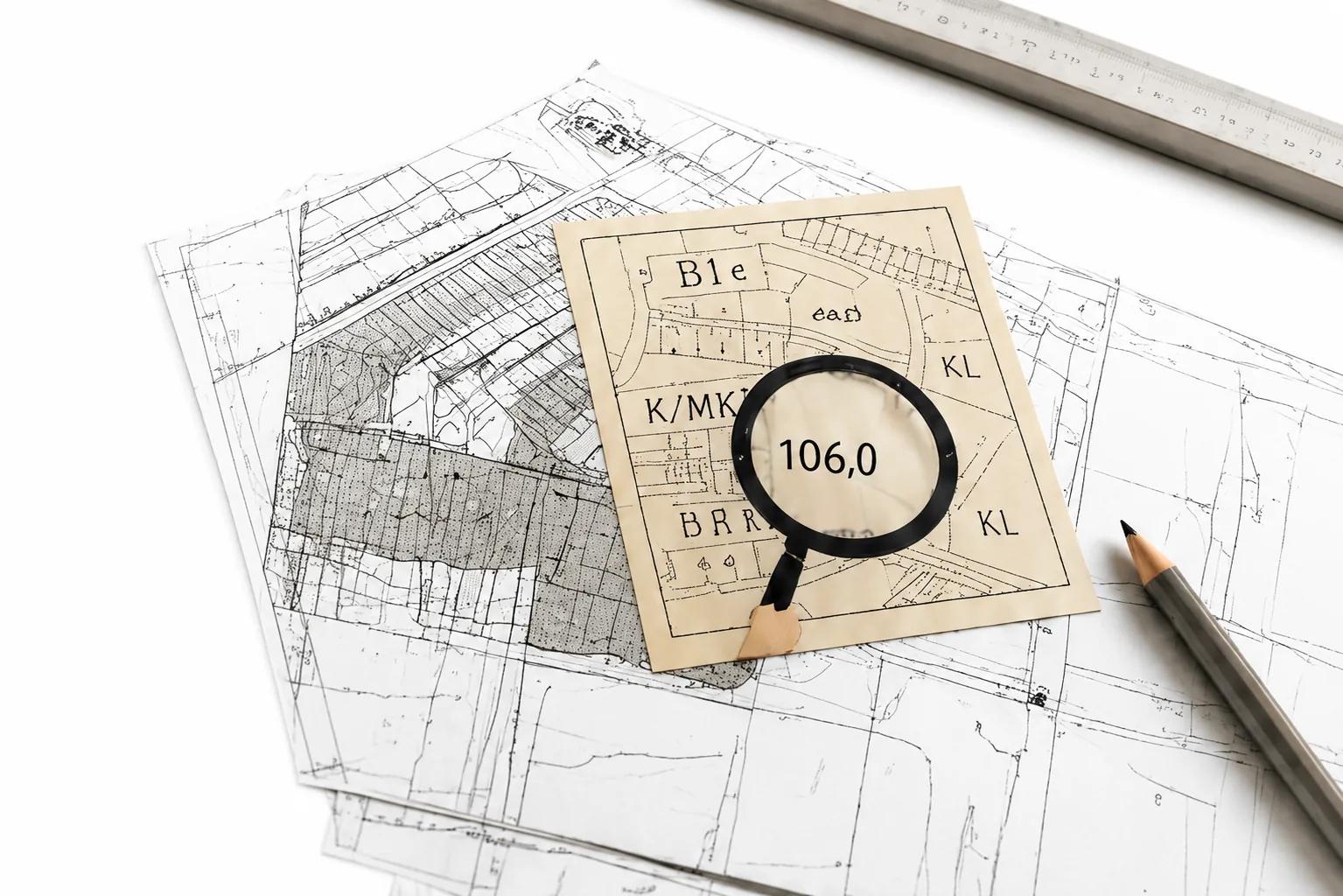 Förstoringsglas över en detaljplanekarta med planbestämmelser, ovanpå plankartor