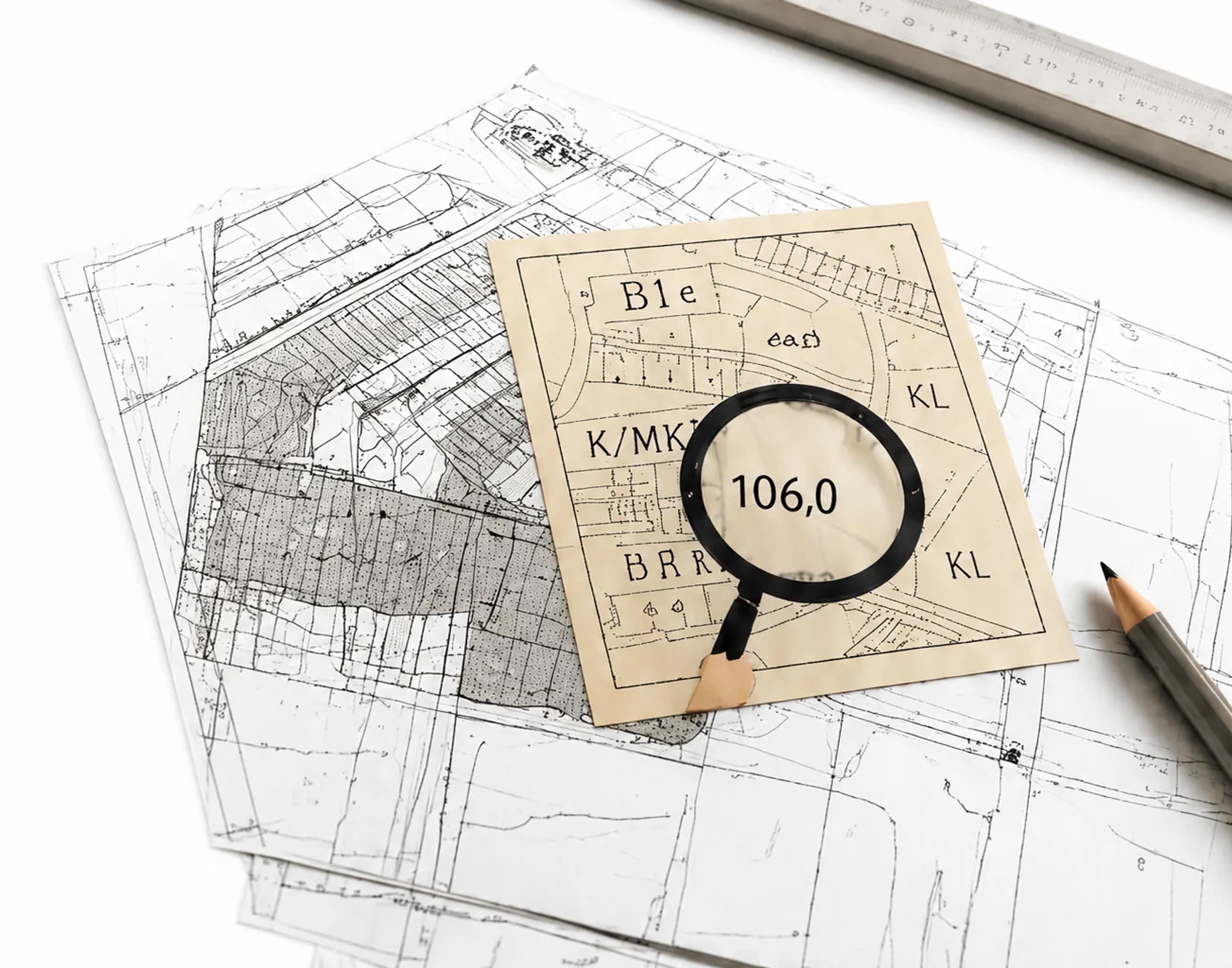 Förstoringsglas över en detaljplanekarta med planbestämmelser, ovanpå plankartor