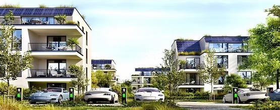 Flervåningshus med solpaneler, gröna tak och laddstolpar för elbilar