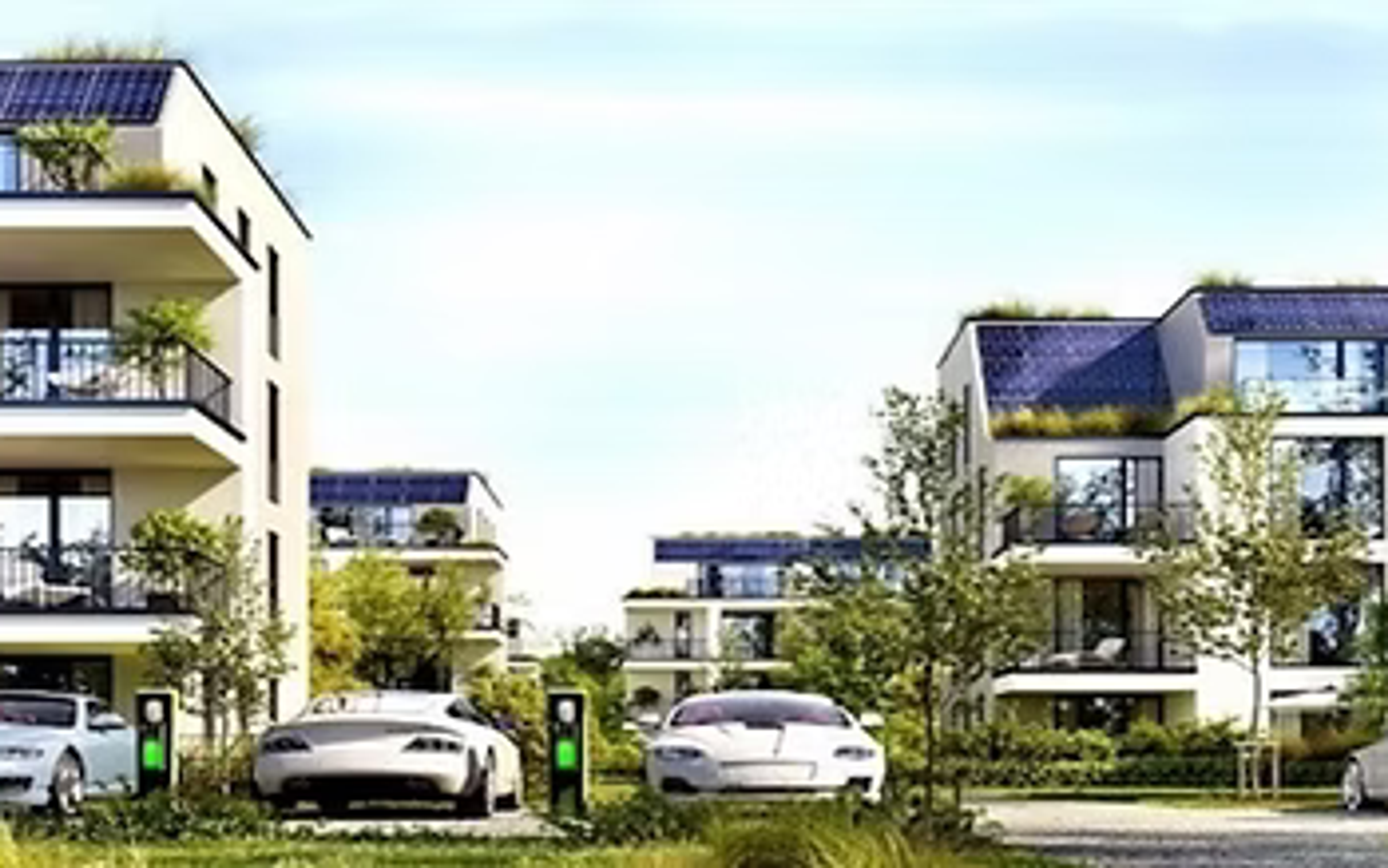Flervåningshus med solpaneler, gröna tak och laddstolpar för elbilar