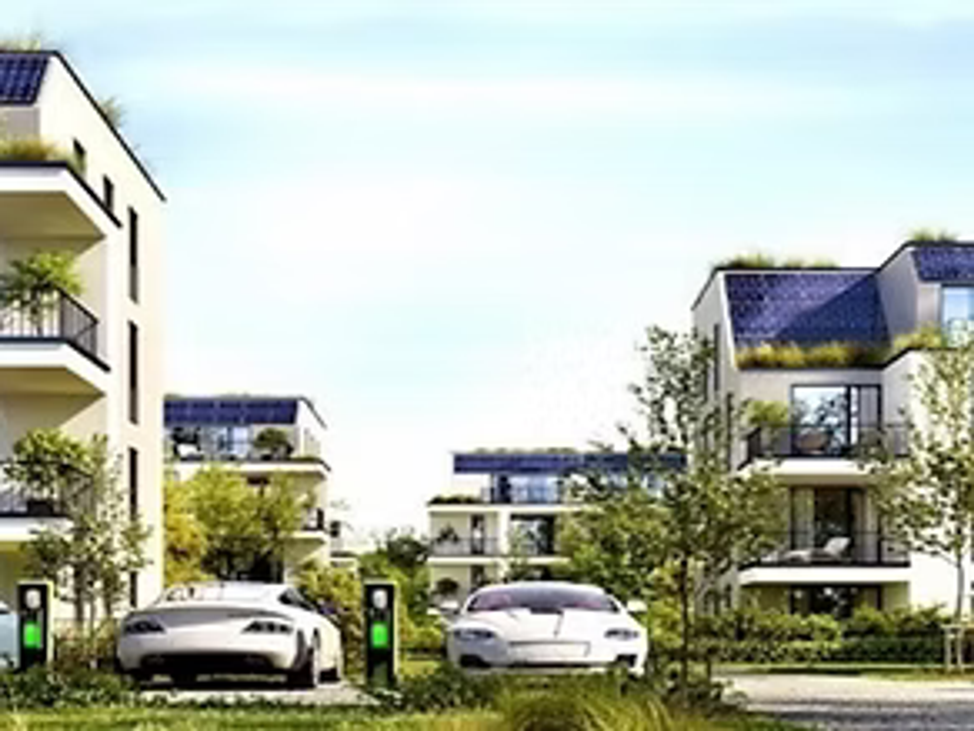 Flervåningshus med solpaneler, gröna tak och laddstolpar för elbilar