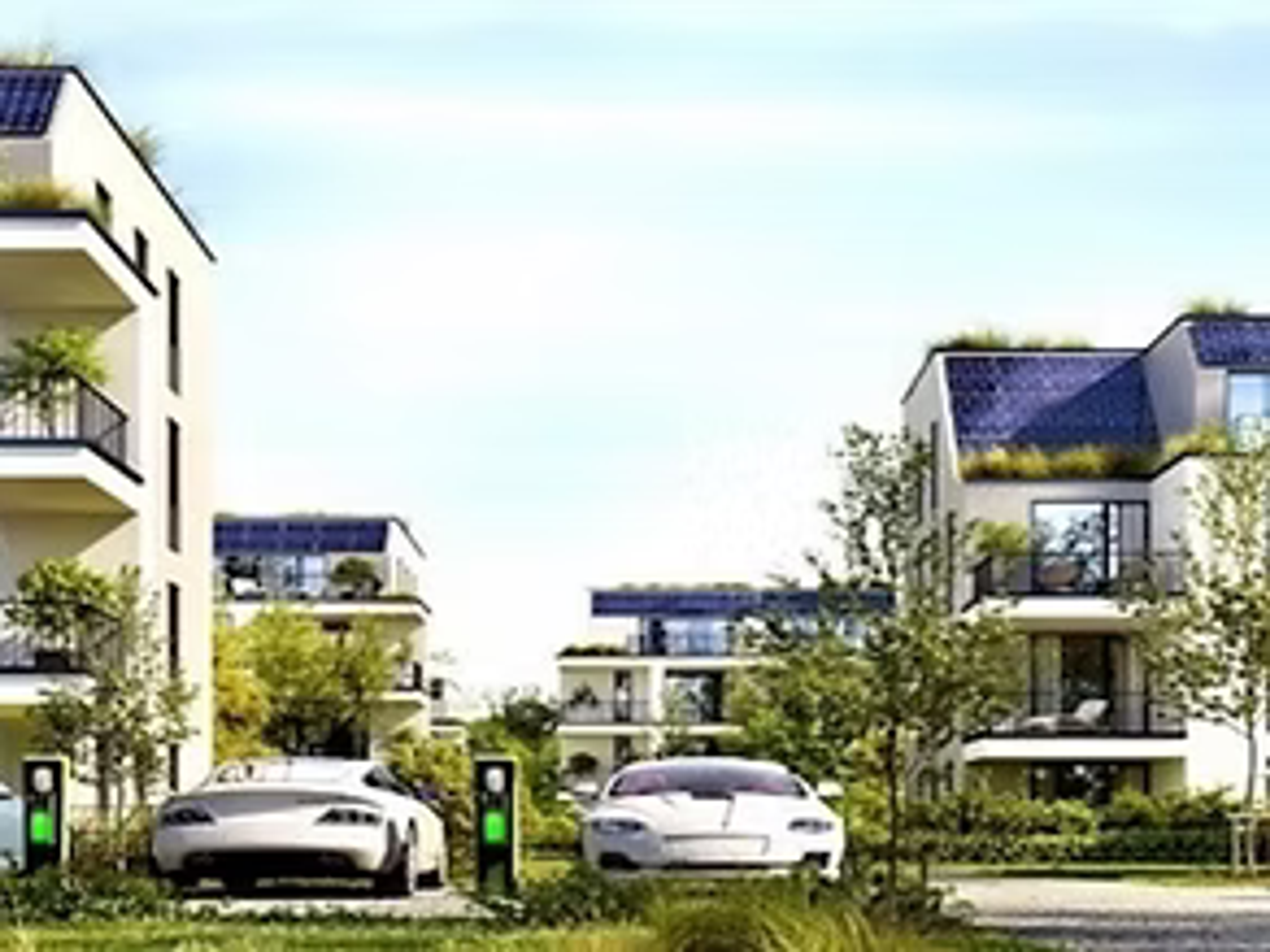 Flervåningshus med solpaneler, gröna tak och laddstolpar för elbilar