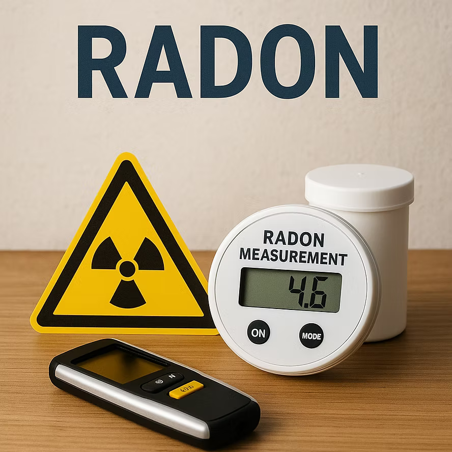 Infografik om radon med varningssymbol och en radonmätare som visar 4,6