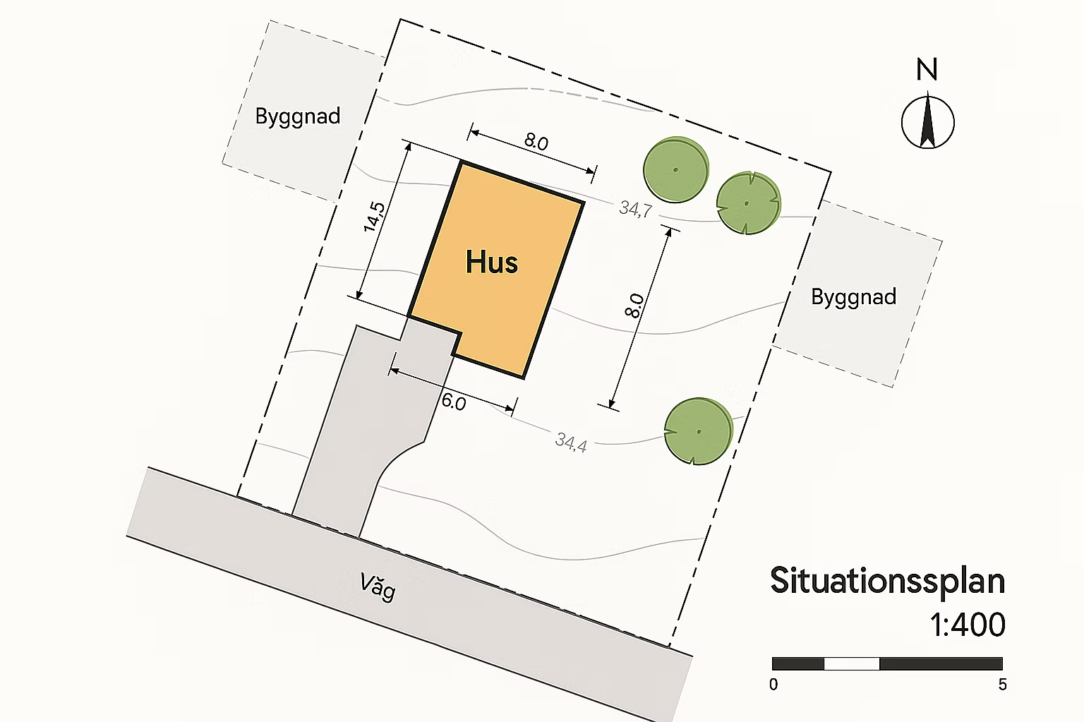 Situationsplan i skala 1:400 som visar husets placering på tomten