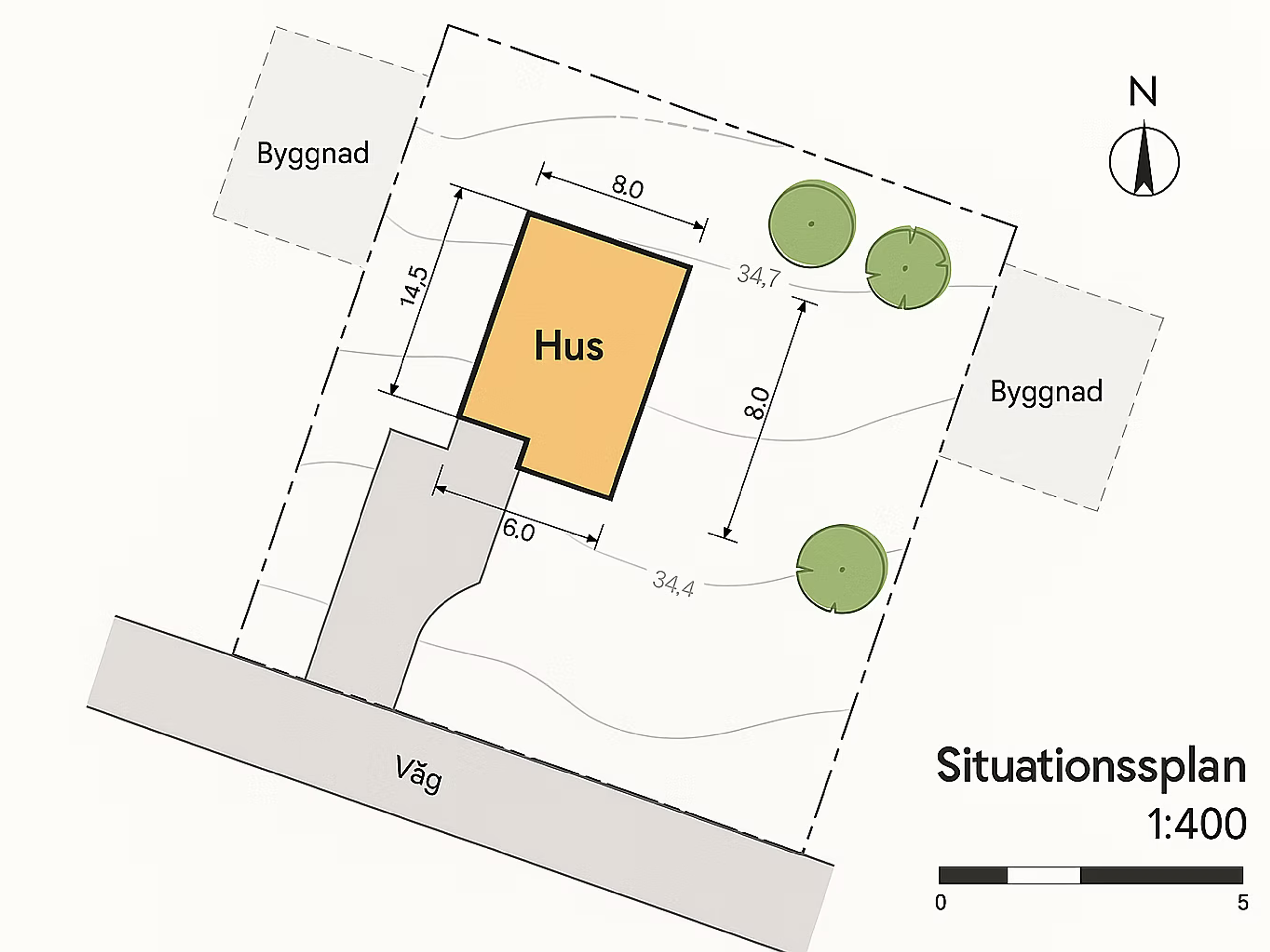 Situationsplan i skala 1:400 som visar husets placering på tomten