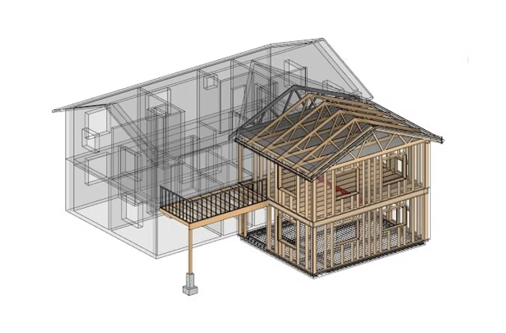 3D-modell av husstomme, delvis i wireframe, med synlig takstolskonstruktion