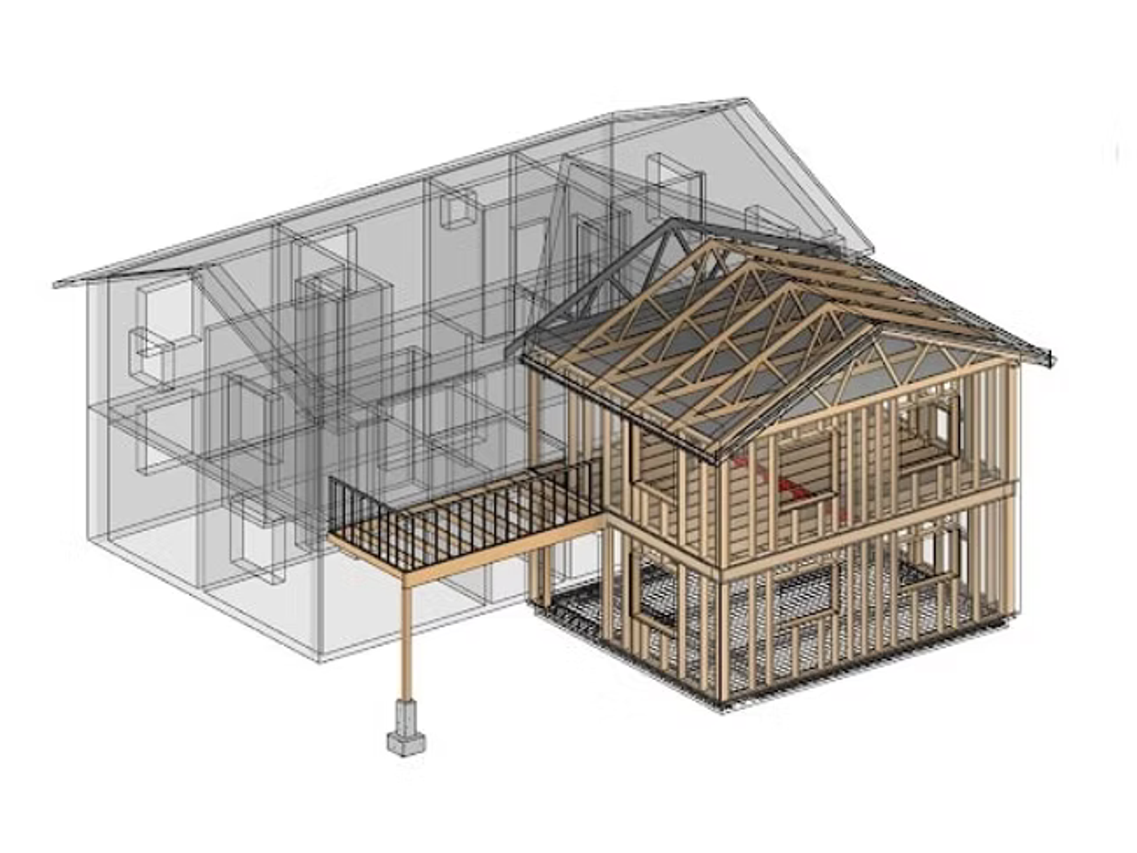 3D-modell av husstomme, delvis i wireframe, med synlig takstolskonstruktion