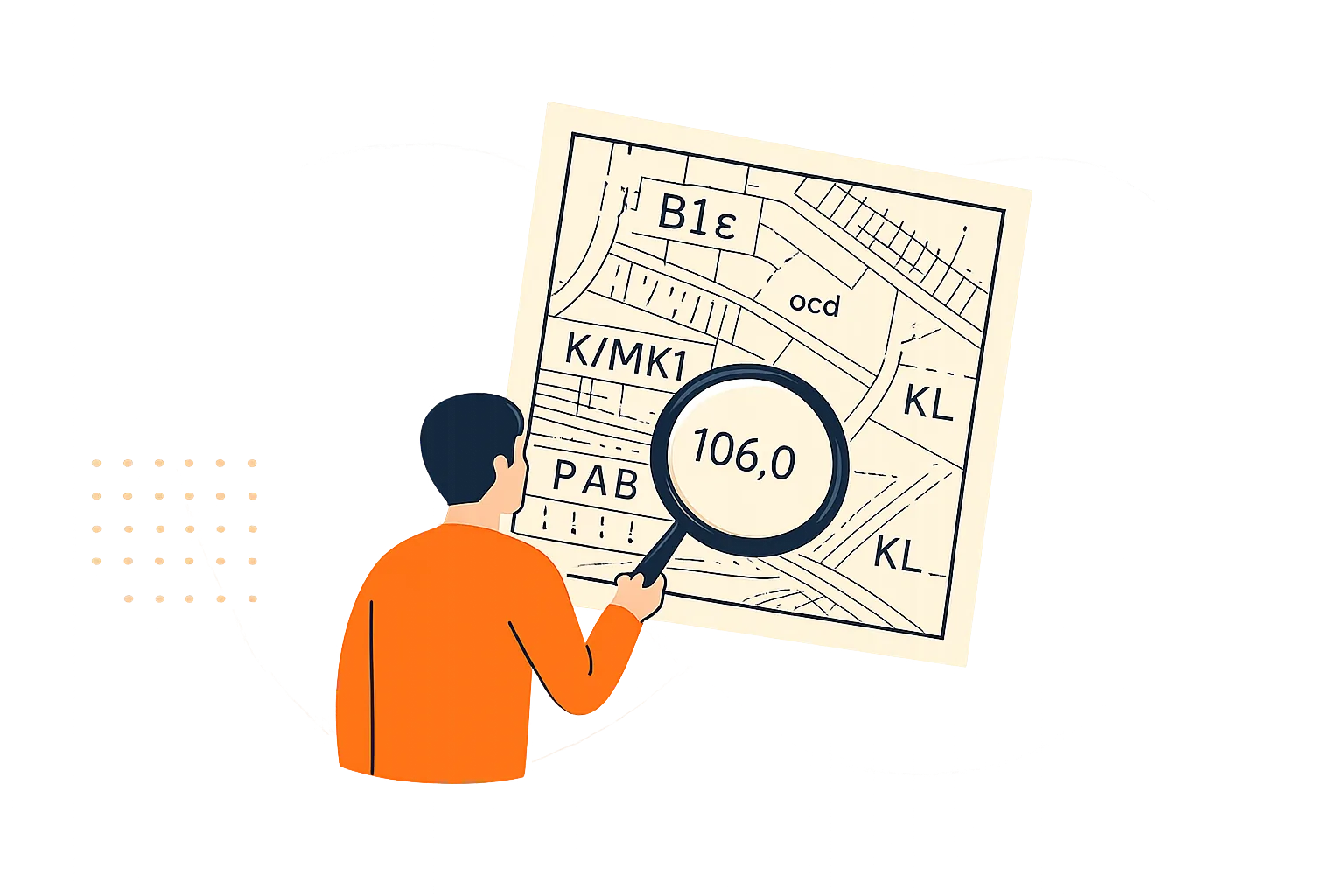 Illustration av en person som granskar en detaljplanekarta med förstoringsglas