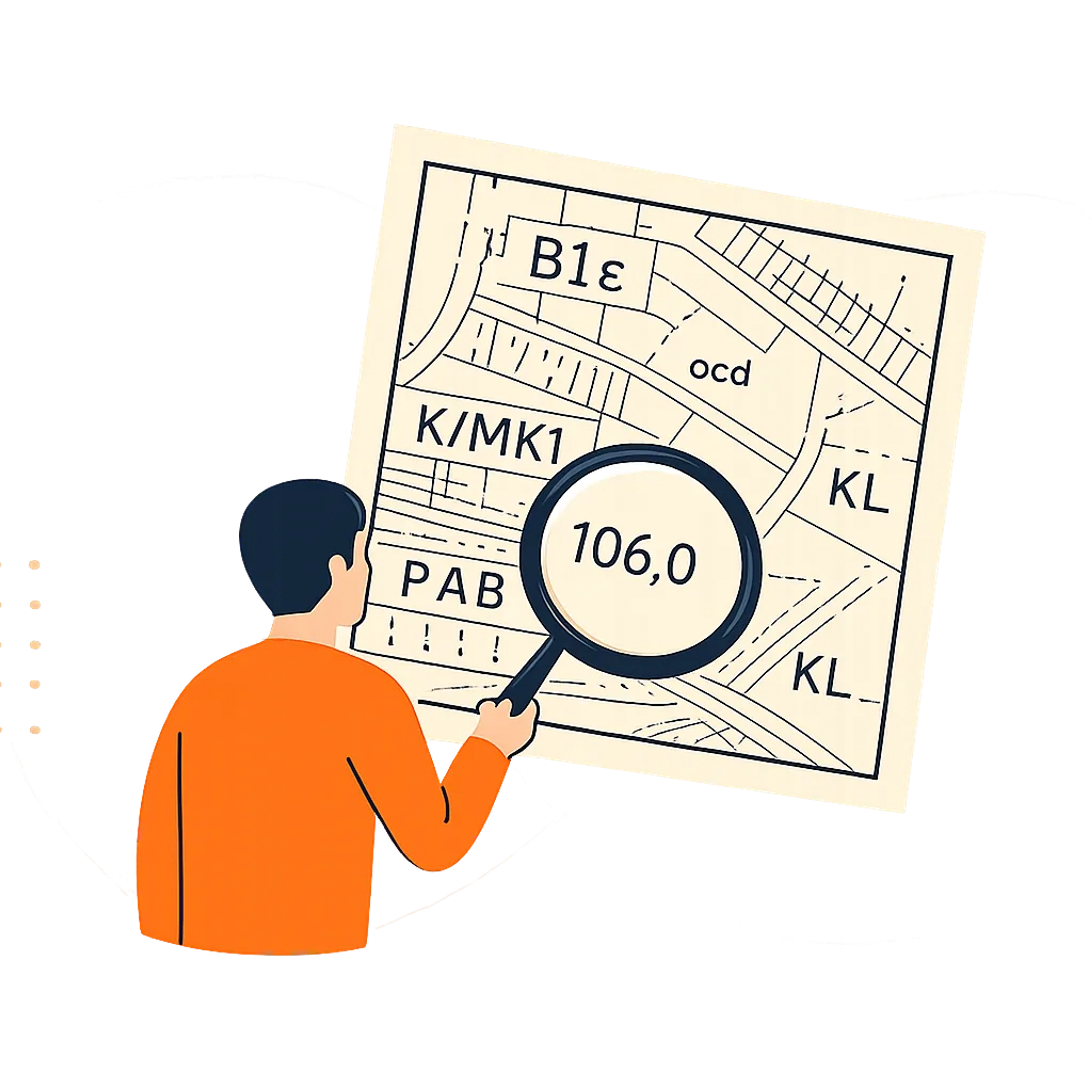 Illustration av en person som granskar en detaljplanekarta med förstoringsglas