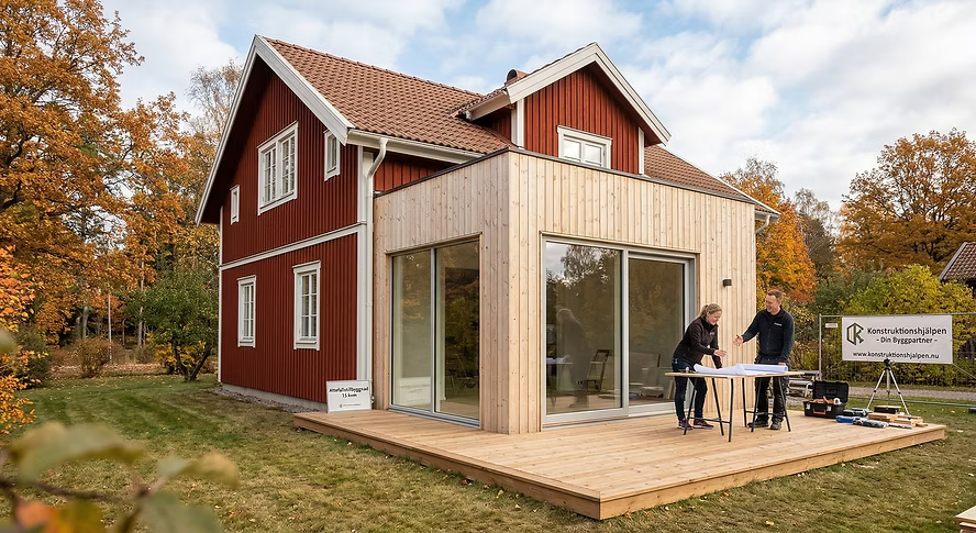 Rött trähus med ny träfasadtillbyggnad, altan och två personer utomhus