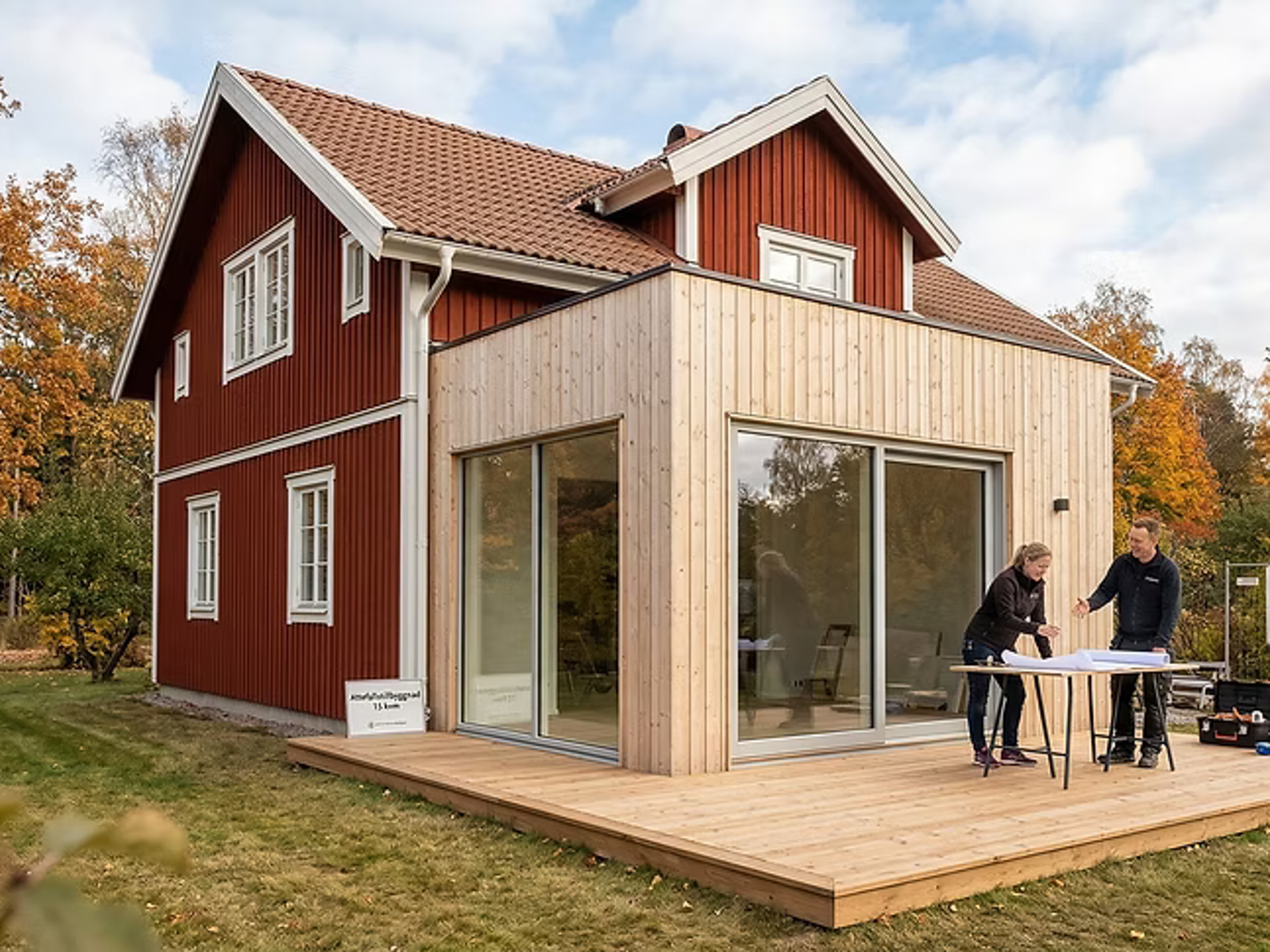 Rött trähus med ny träfasadtillbyggnad, altan och två personer utomhus